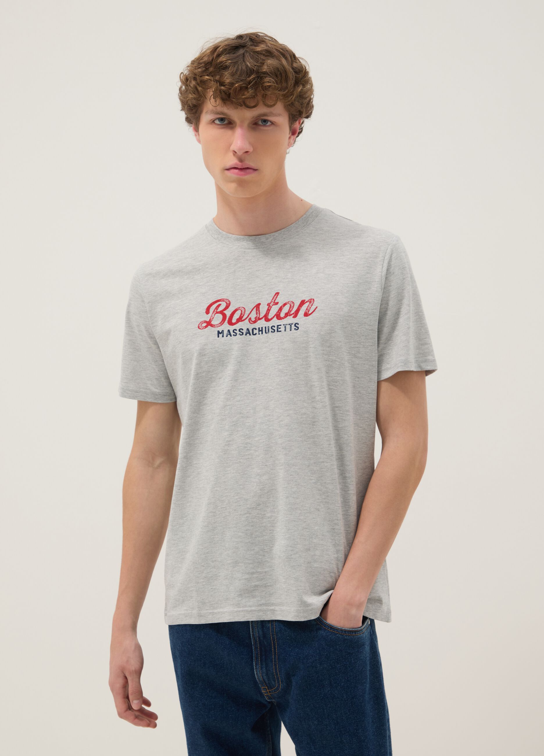 Grey printed T-shirt in pure cotton, regular fit