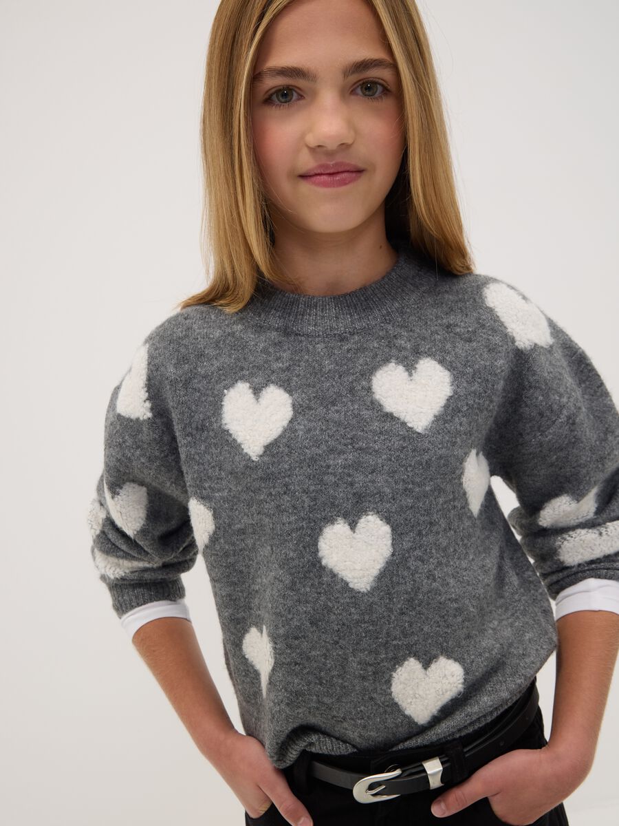 Maglia grigia melange in tessuto elasticizzato girocollo con cuori_1