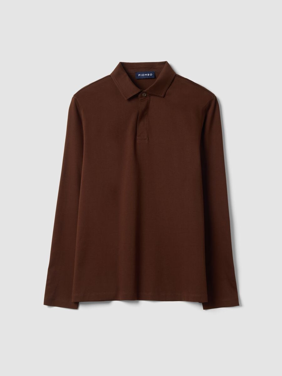 Brown long-sleeved pure cotton polo_0