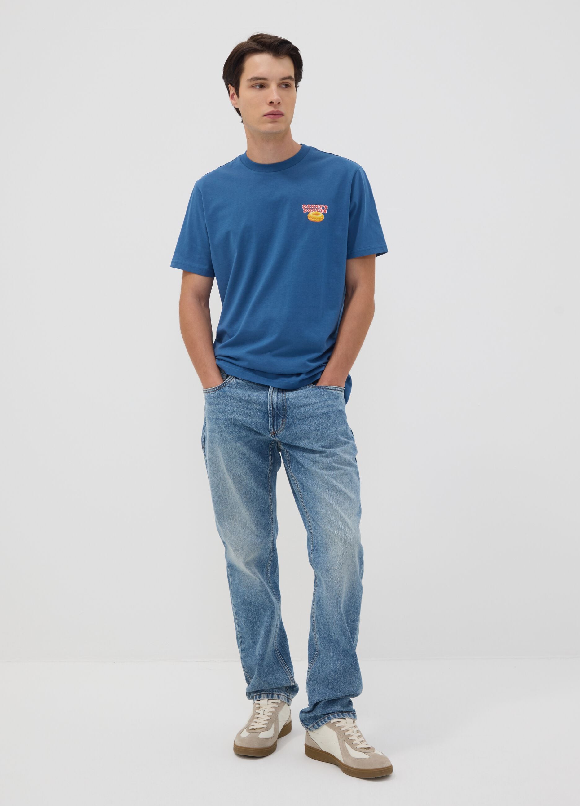 Blaues T-Shirt aus reiner Baumwoll-Jersey mit Print, Regular Fit