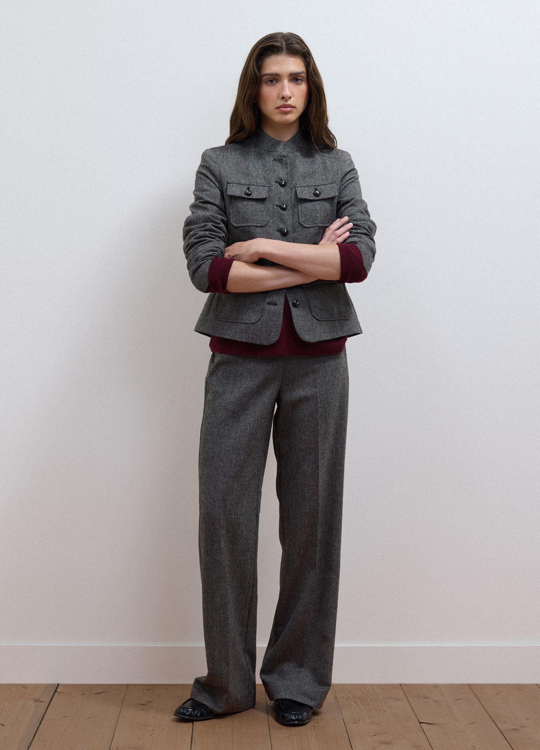 Grey wool-viscose blend flared trousers
