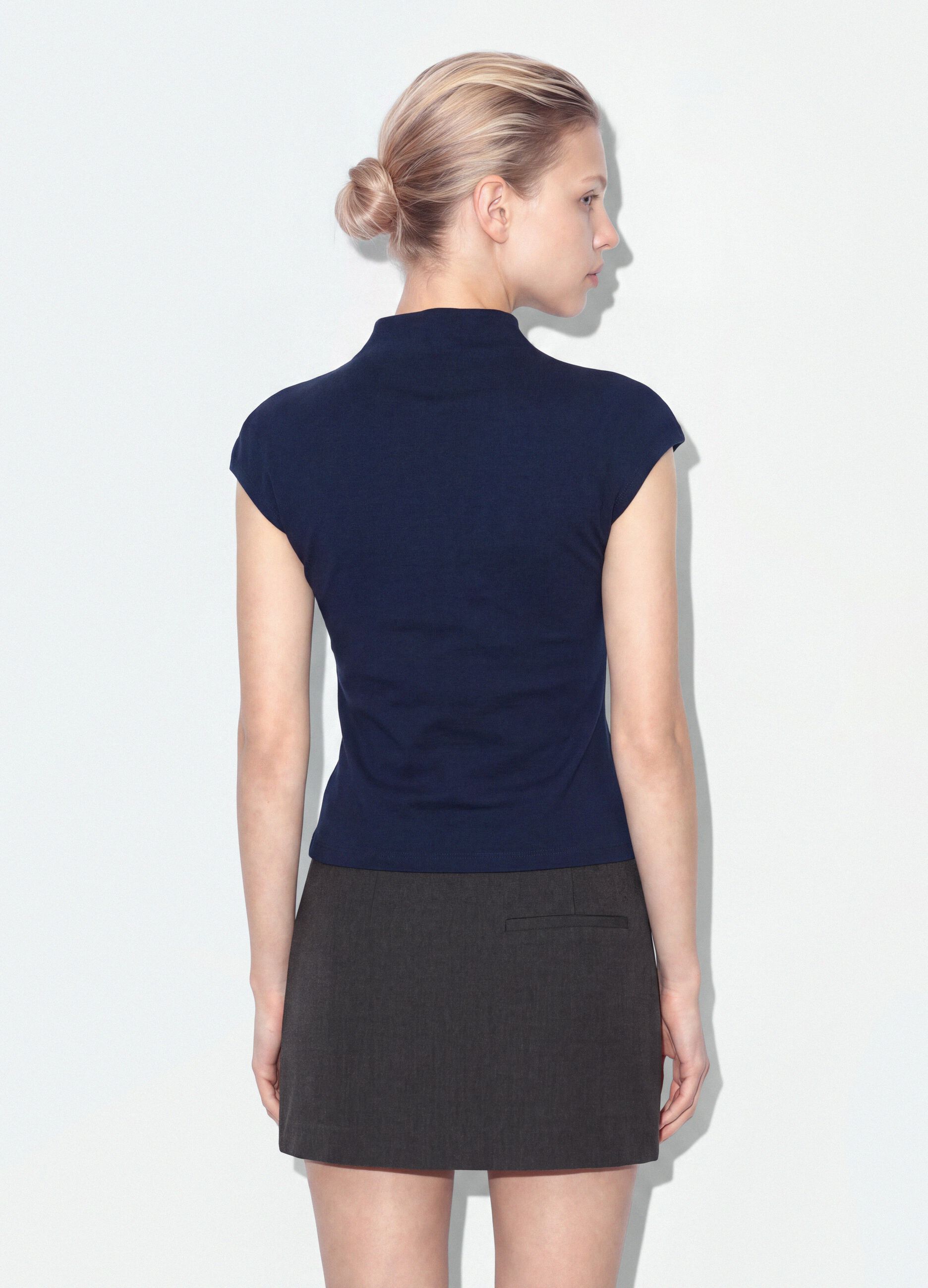 Blue fitted high-neck T-shirt in modal and stretch cotton
