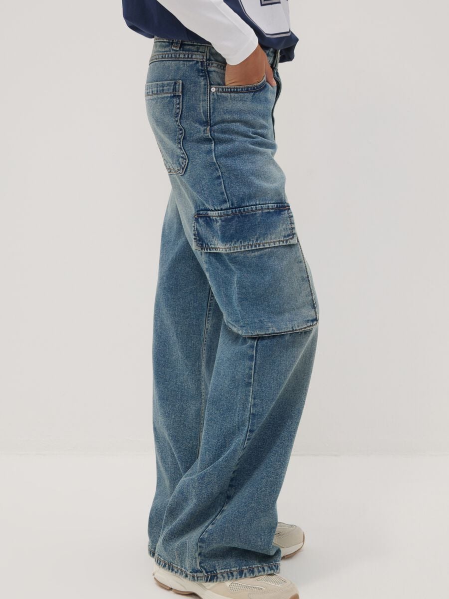 Blue pure cotton denim cargo jeans, relaxed fit for girls_1