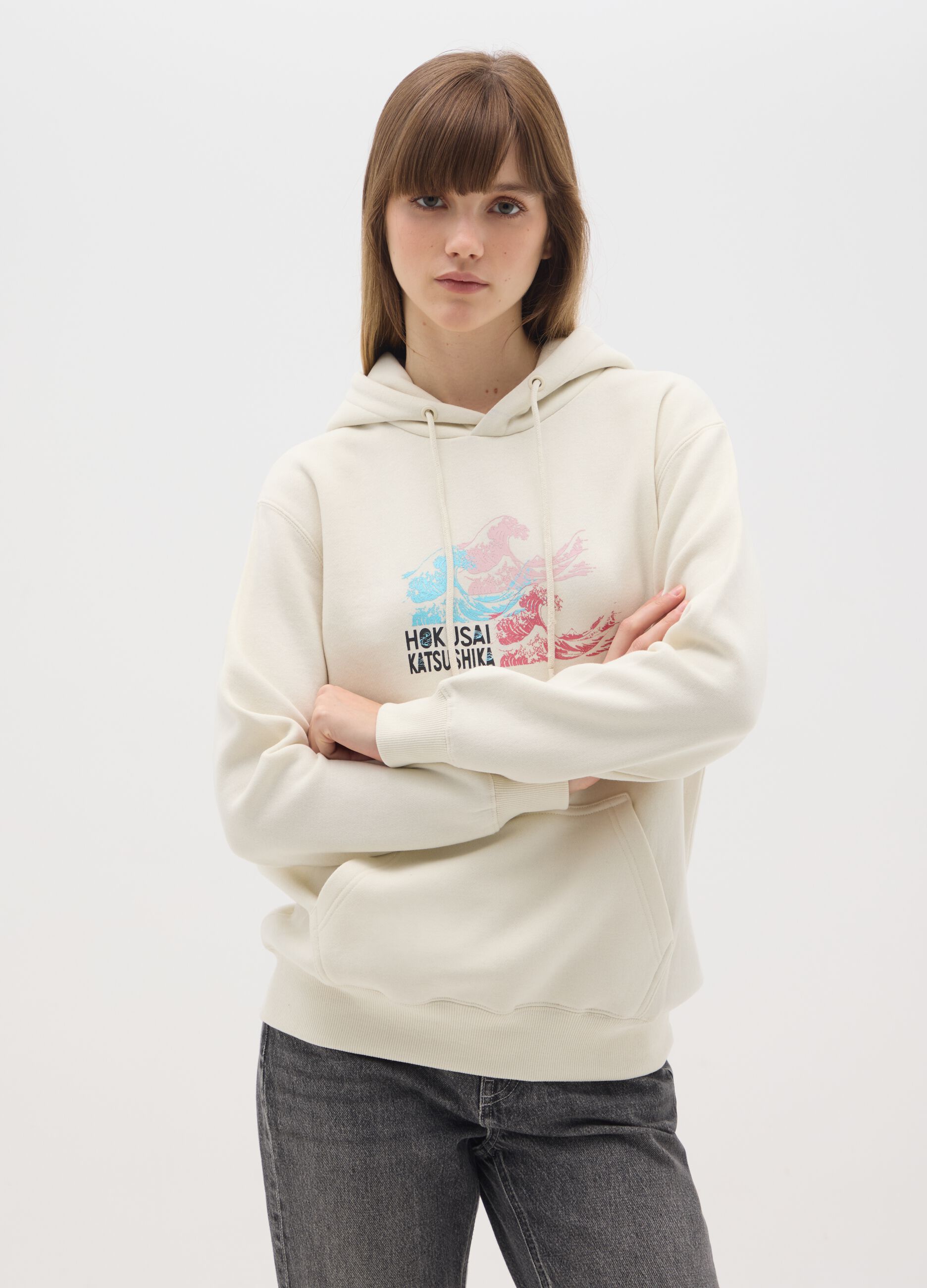 Beige regular fit cotton-blend hooded sweatshirt