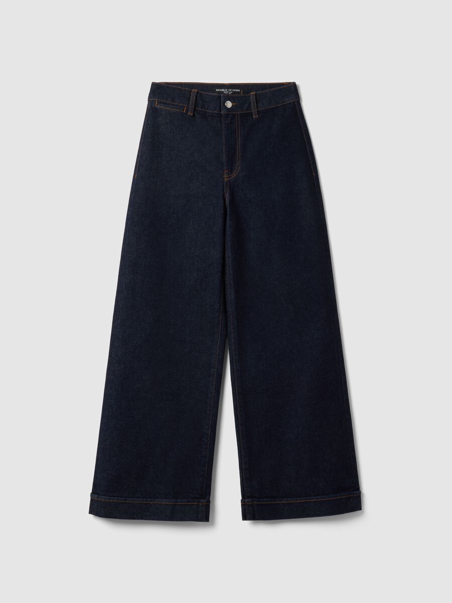 Wide leg stretch denim jeans in blue cotton_0