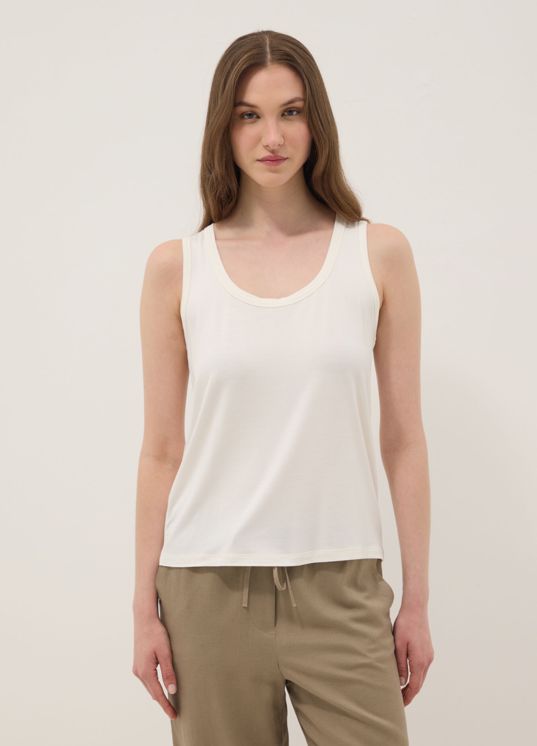 White stretch viscose tank top, regular fit