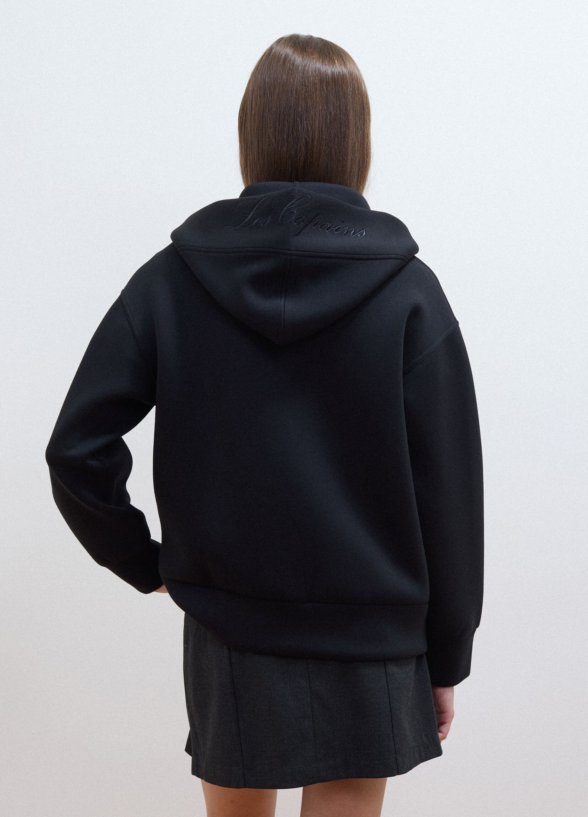 Black stretch viscose full-zip hoodie, oversized fit