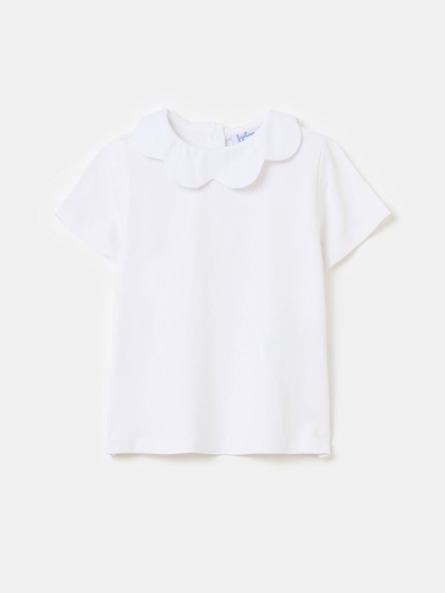 T-shirt in cotone stretch con colletto a fiore_0