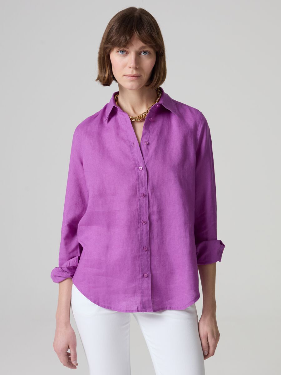Camisa relaxed fit de lino color liso_0