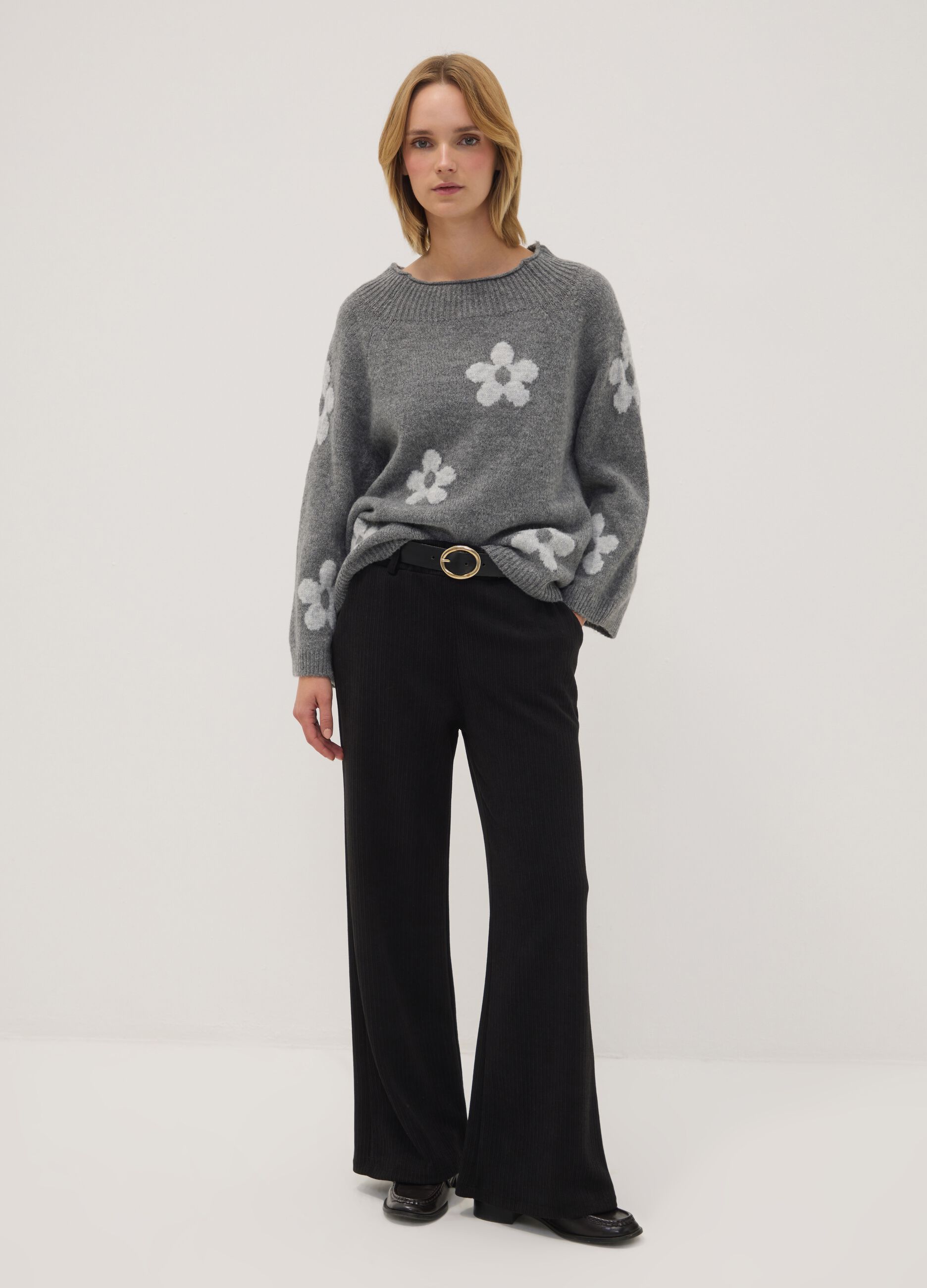 Grey wool-blend jumper with floral pattern, regular fit