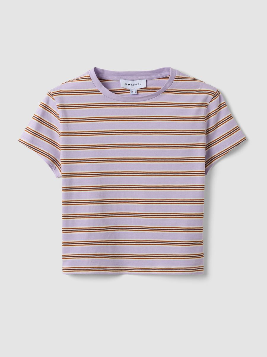 T-shirt crop roxa em algod&atilde;o puro &agrave;s riscas com estampado_0