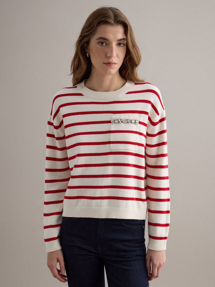 Beige jumper with red stripes in pure cotton regular fit_1