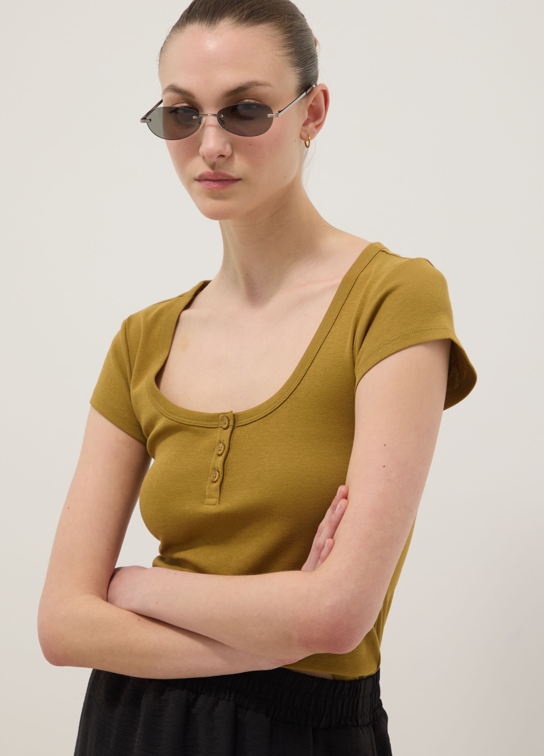 Yellow pure cotton regular fit T-shirt with deep henley neckline