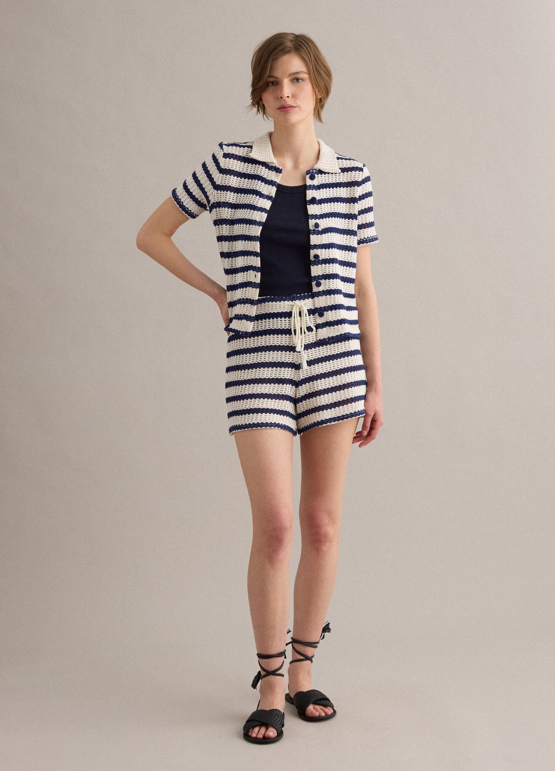 Blue and white striped stretch cotton crochet polo shirt