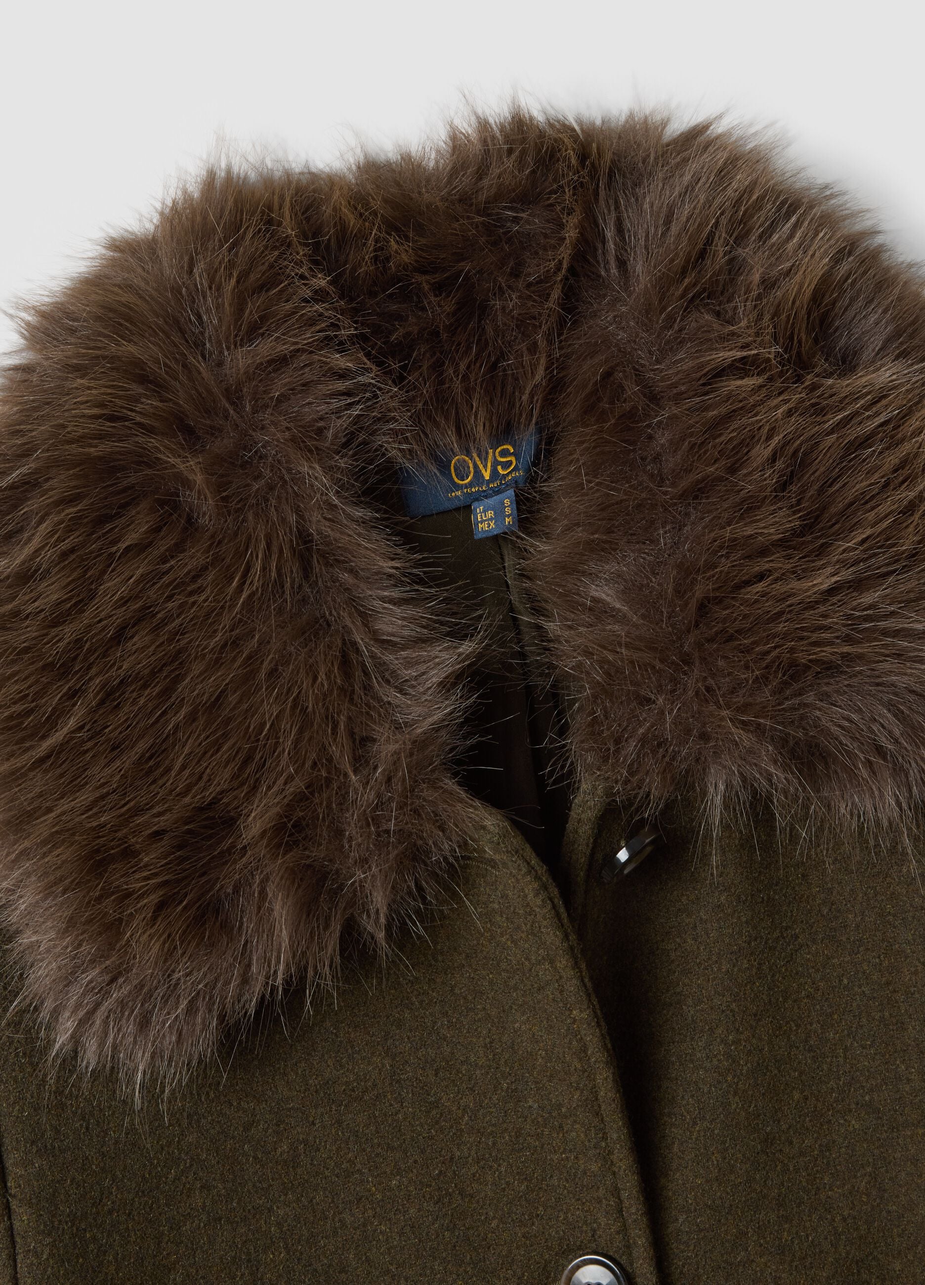 Brown wool and viscose blend coat with faux-fur collar