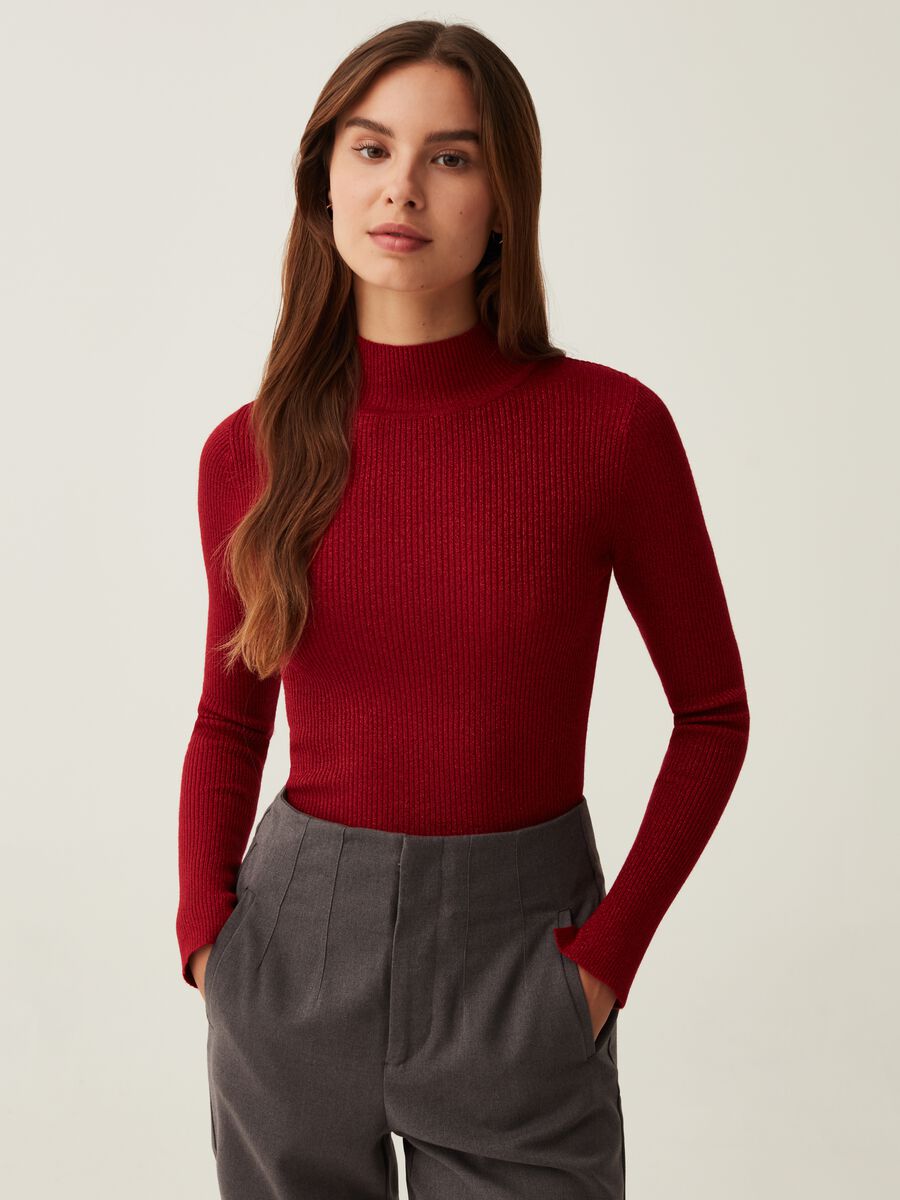 Ribbed lurex top with mock neck_0