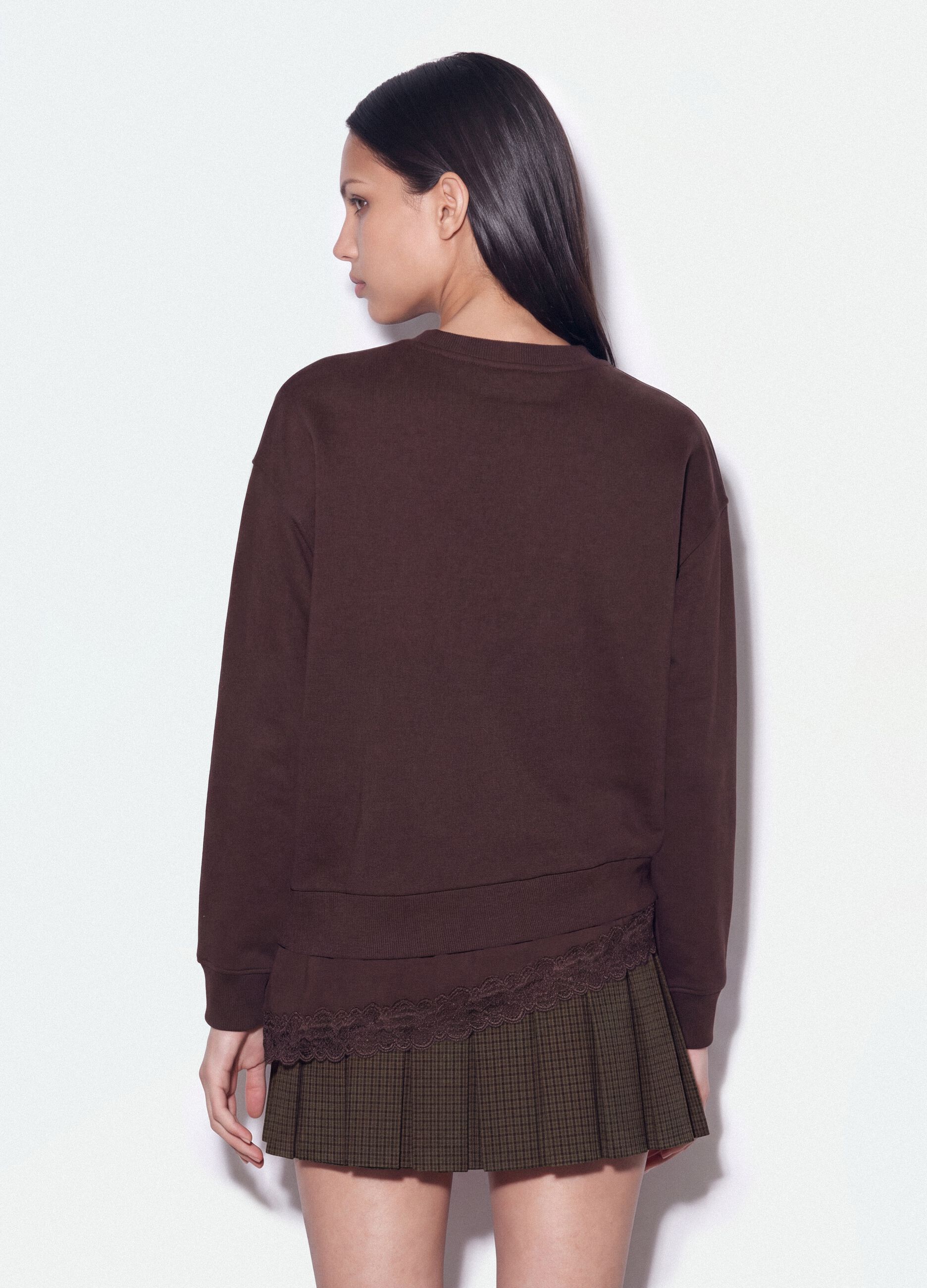 Brown cotton-blend crew-neck sweatshirt with lace detail