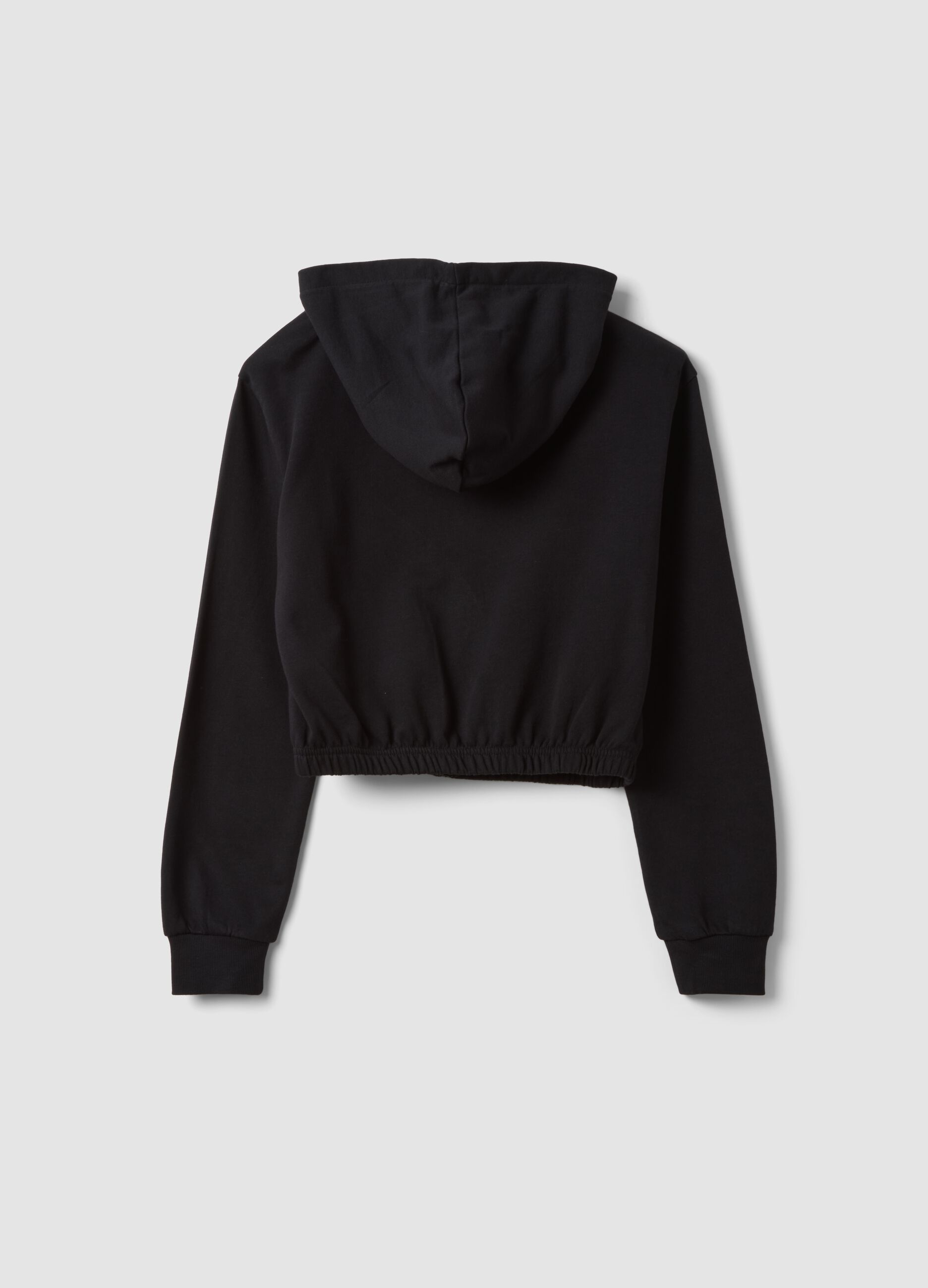 Short black pure cotton hoodie with crew neck for girls