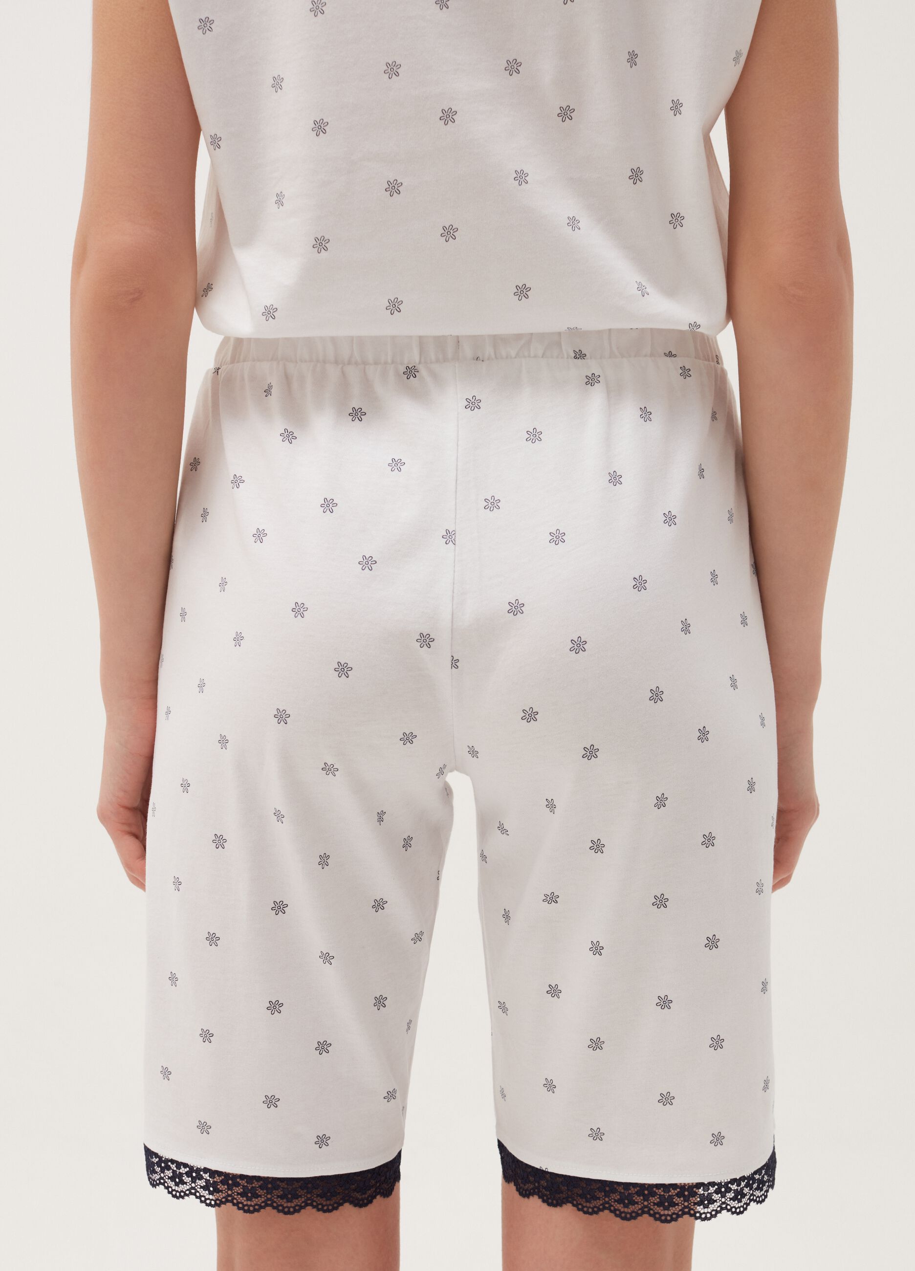 Shorts pijama de algodón con ribete de encaje