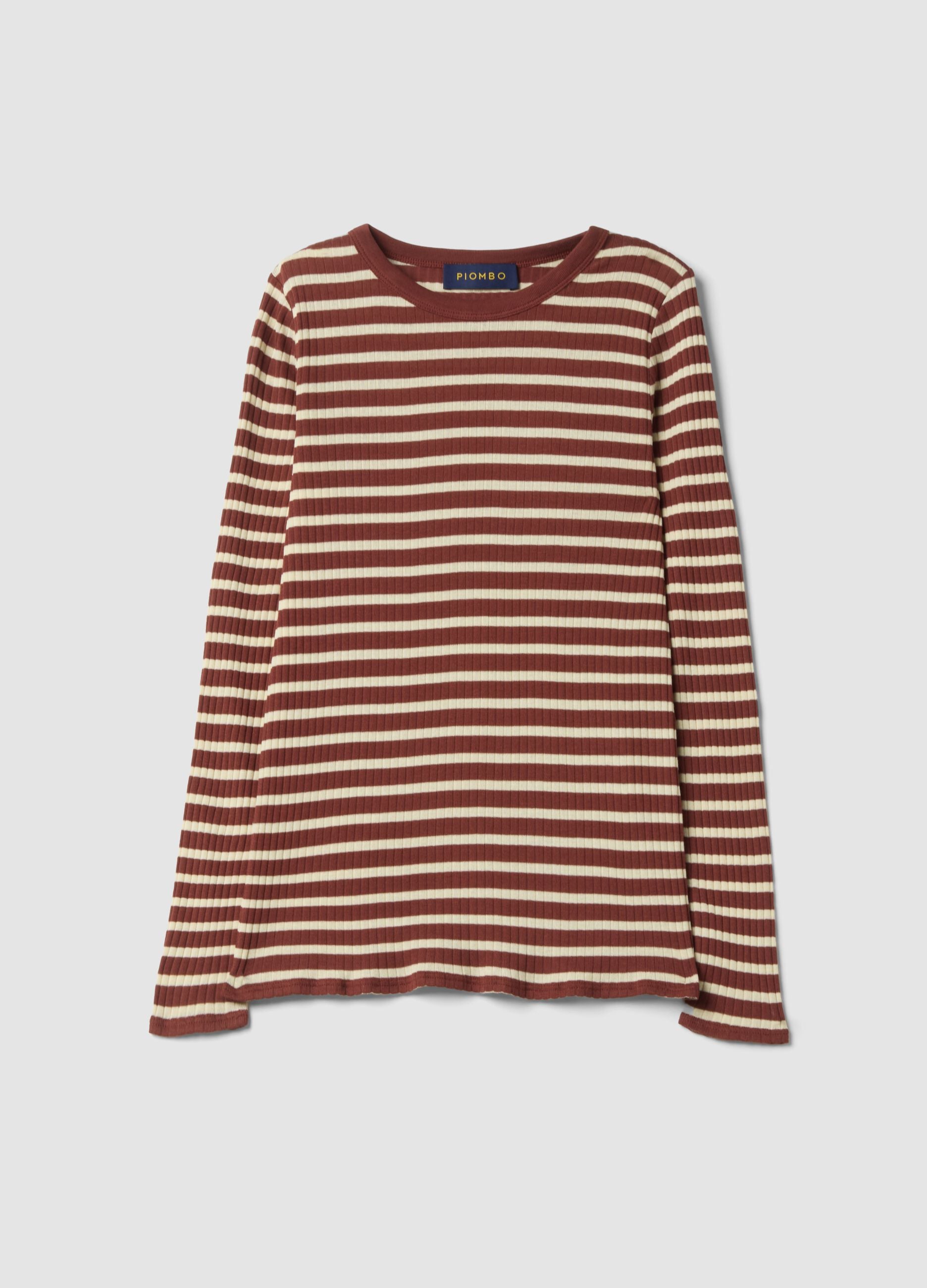 Brown striped pure cotton ribbed regular-fit T-shirt
