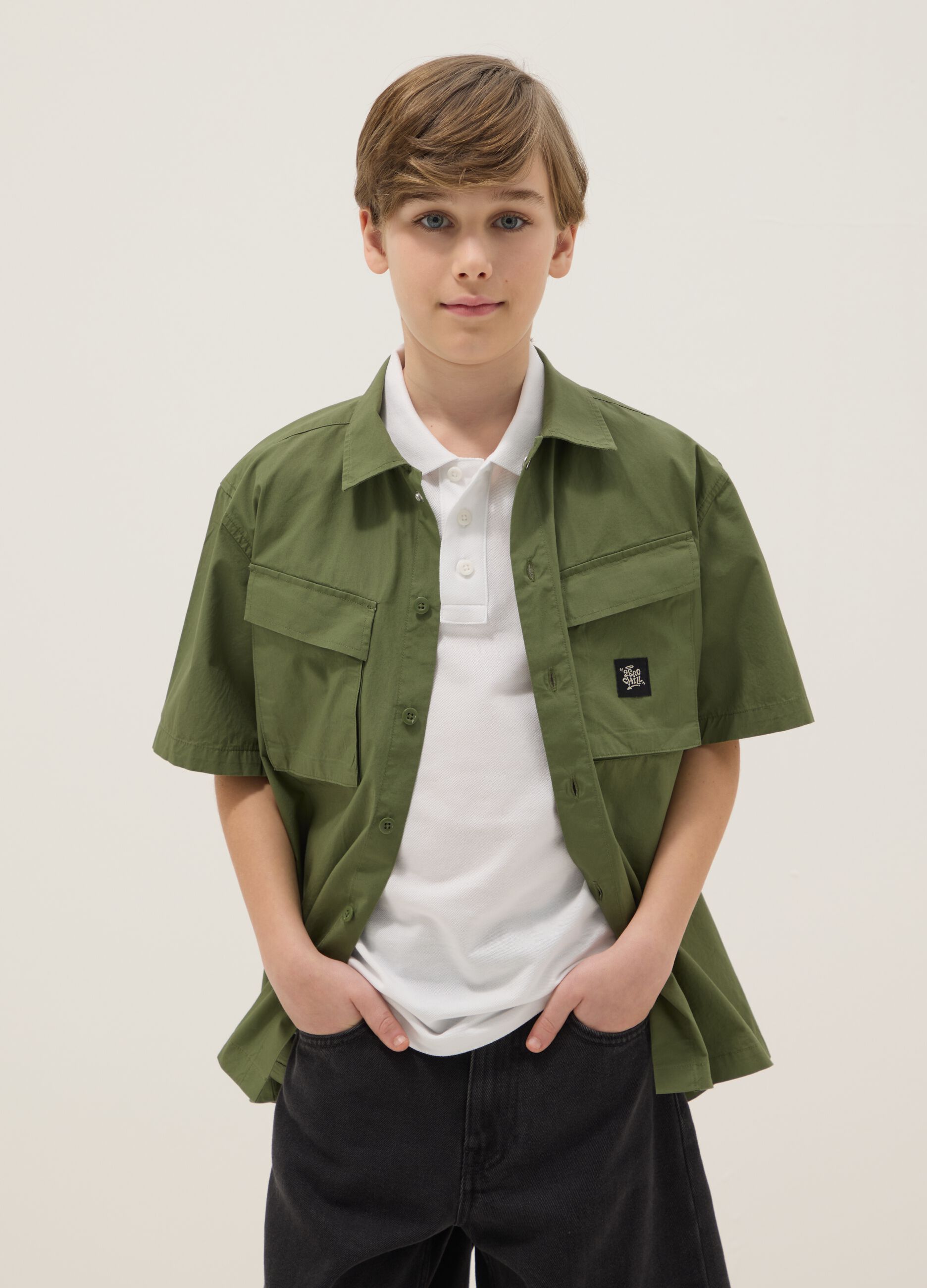 Boys&rsquo; green pure cotton shirt, oversized fit