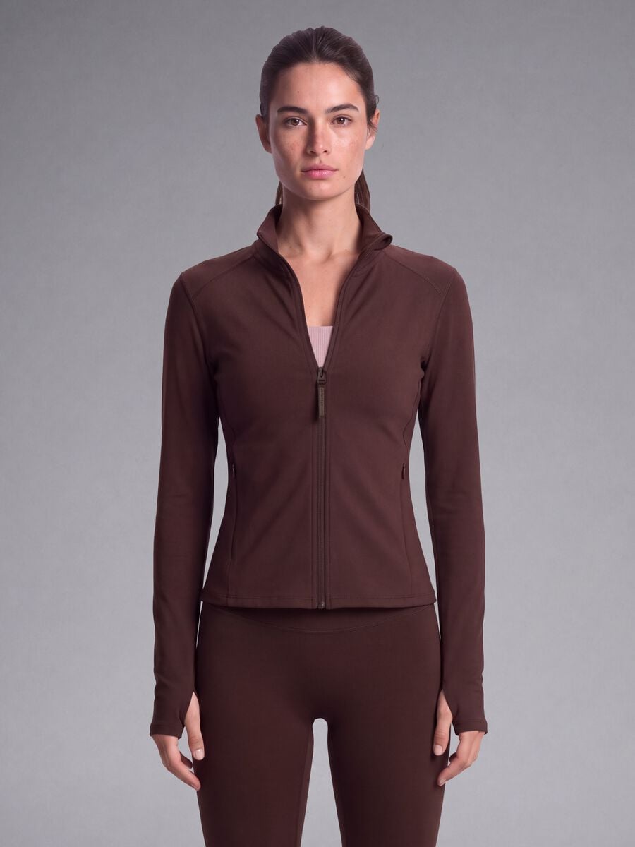 Casaco castanho full-zip fitted em tecido el&aacute;stico ALTAVIA STUDIO_0
