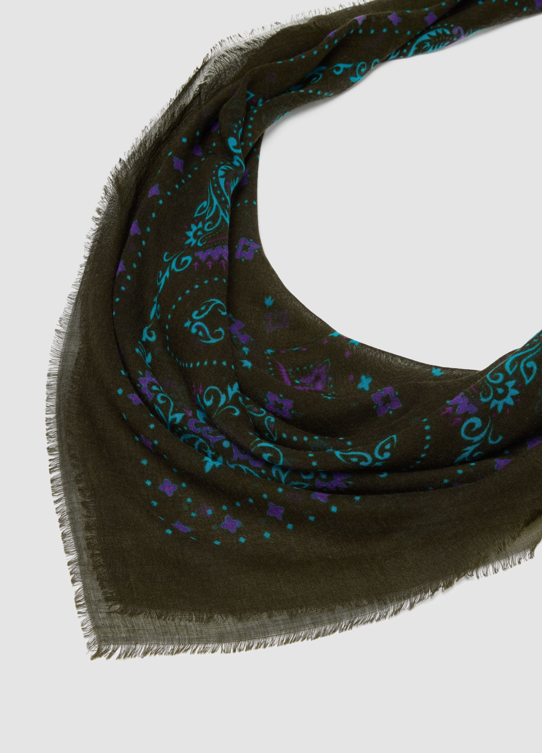 Green wool-blend paisley print scarf