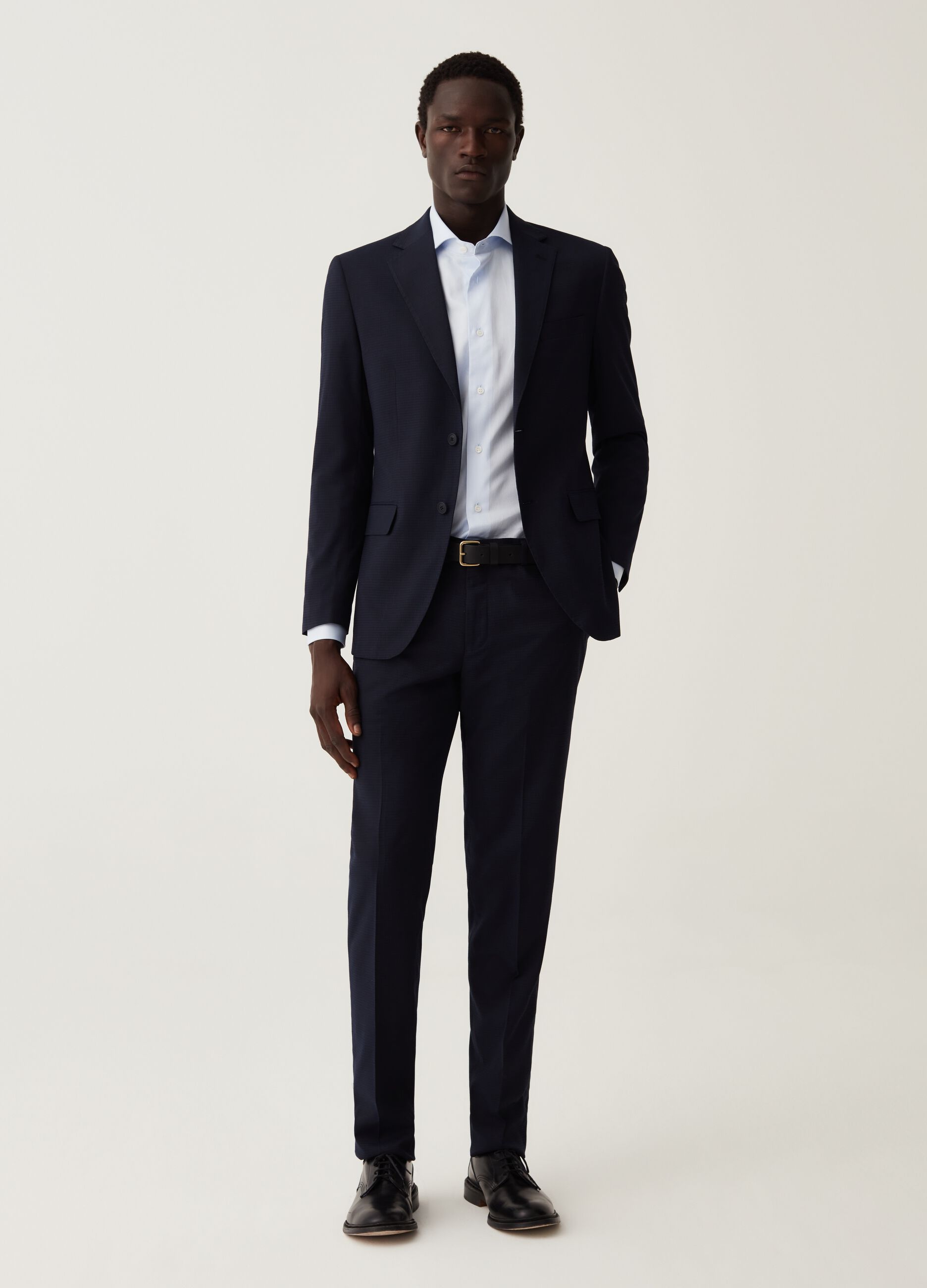 Navy blue slim-fit trousers with check micro weave_0