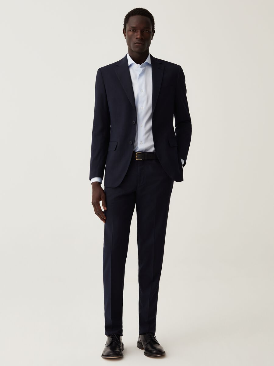 Navy blue slim-fit trousers with check micro weave_0