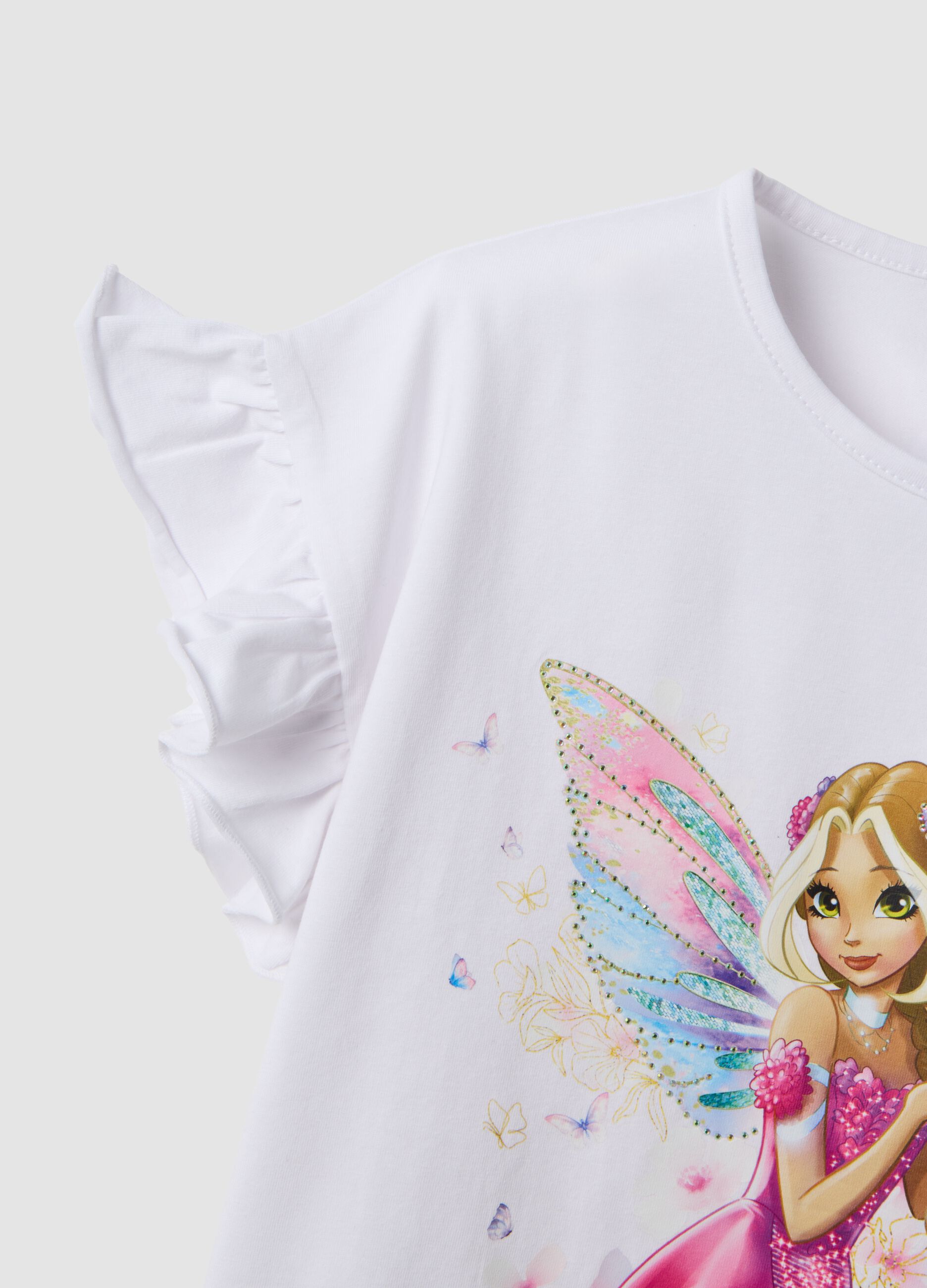 T-shirt bianca in cotone elasticizzato con maniche volant per bambina regular fit