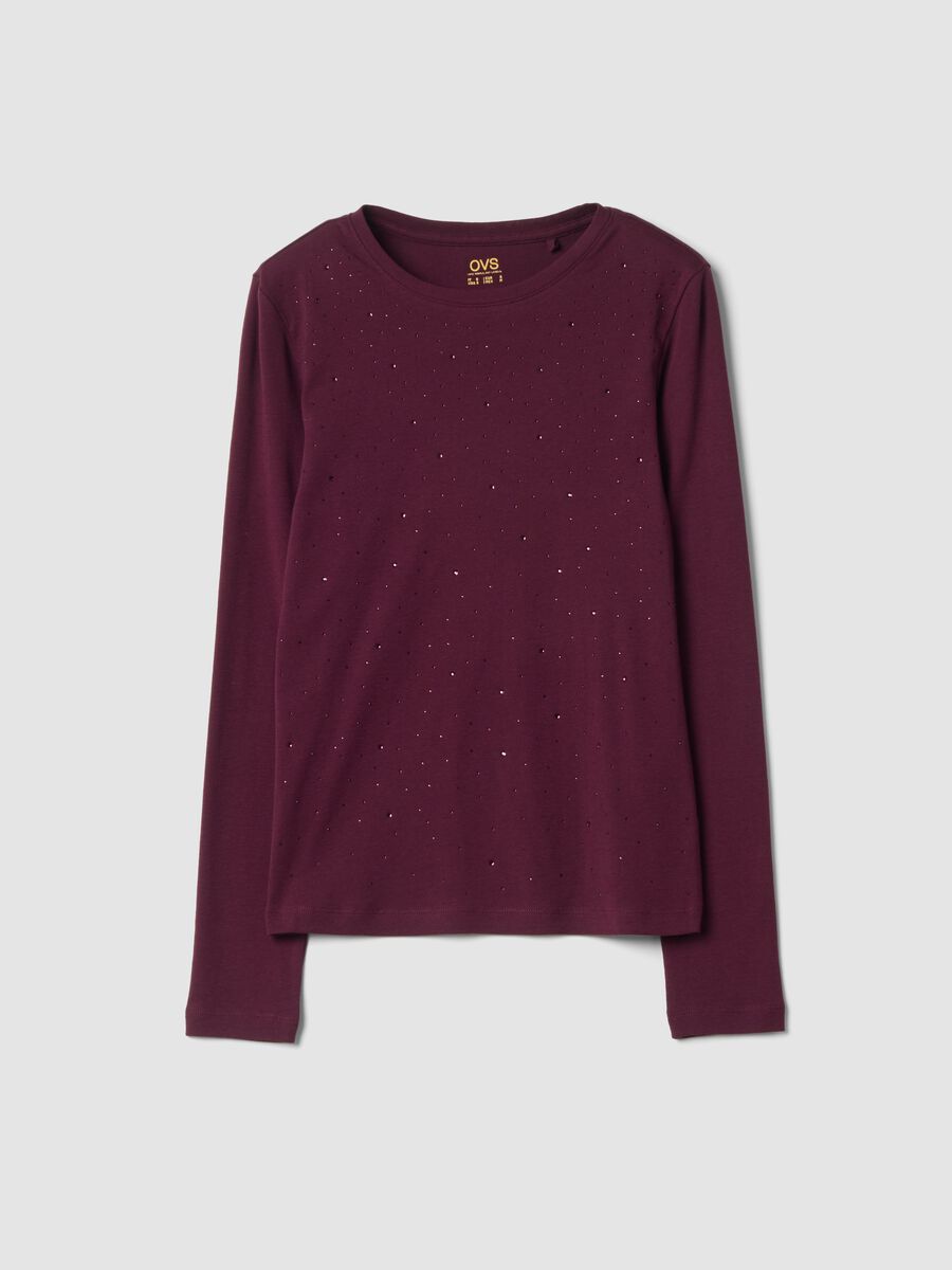 Purple crew-neck pure cotton T-shirt with rhinestones, regular fit_0