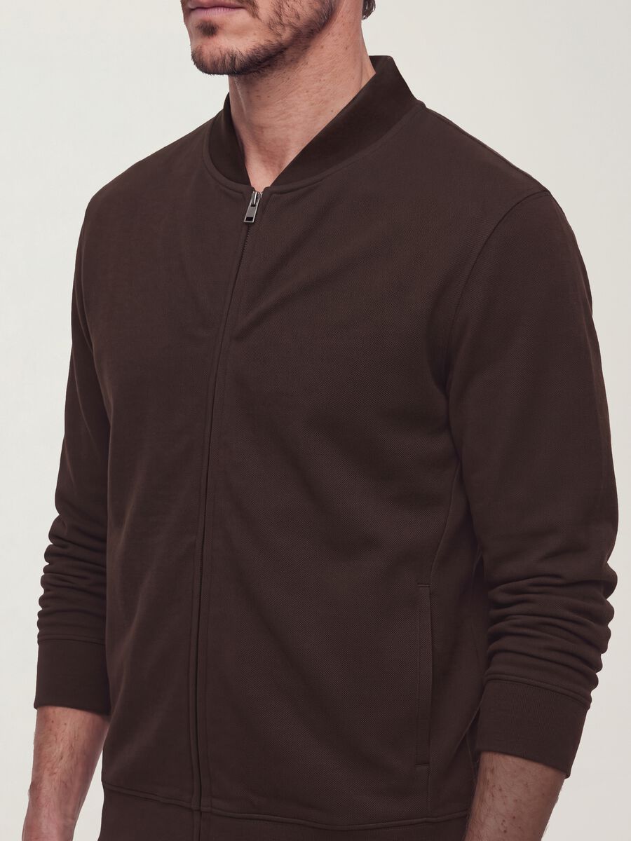 Brown full-zip sweatshirt in stretch piqu&eacute; with ribbed collar_1