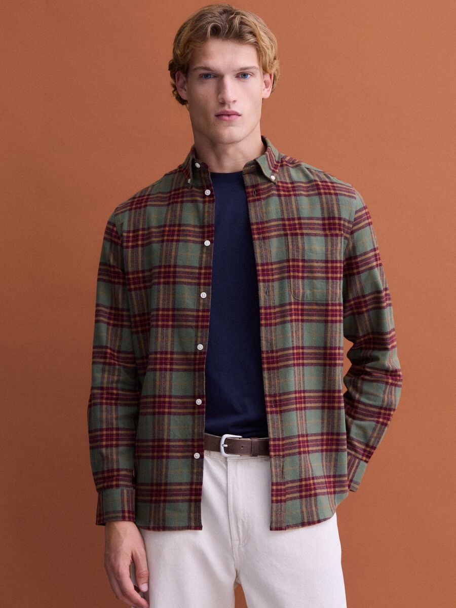 Camisa de franela a cuadros verde y amarilla de puro algod&oacute;n, regular fit_2