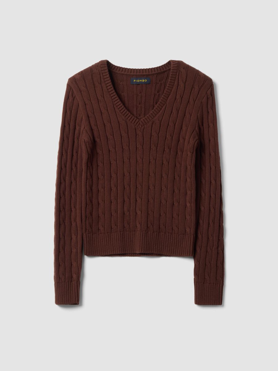 Brown pure cotton cable-knit jumper with deep V-neck_4
