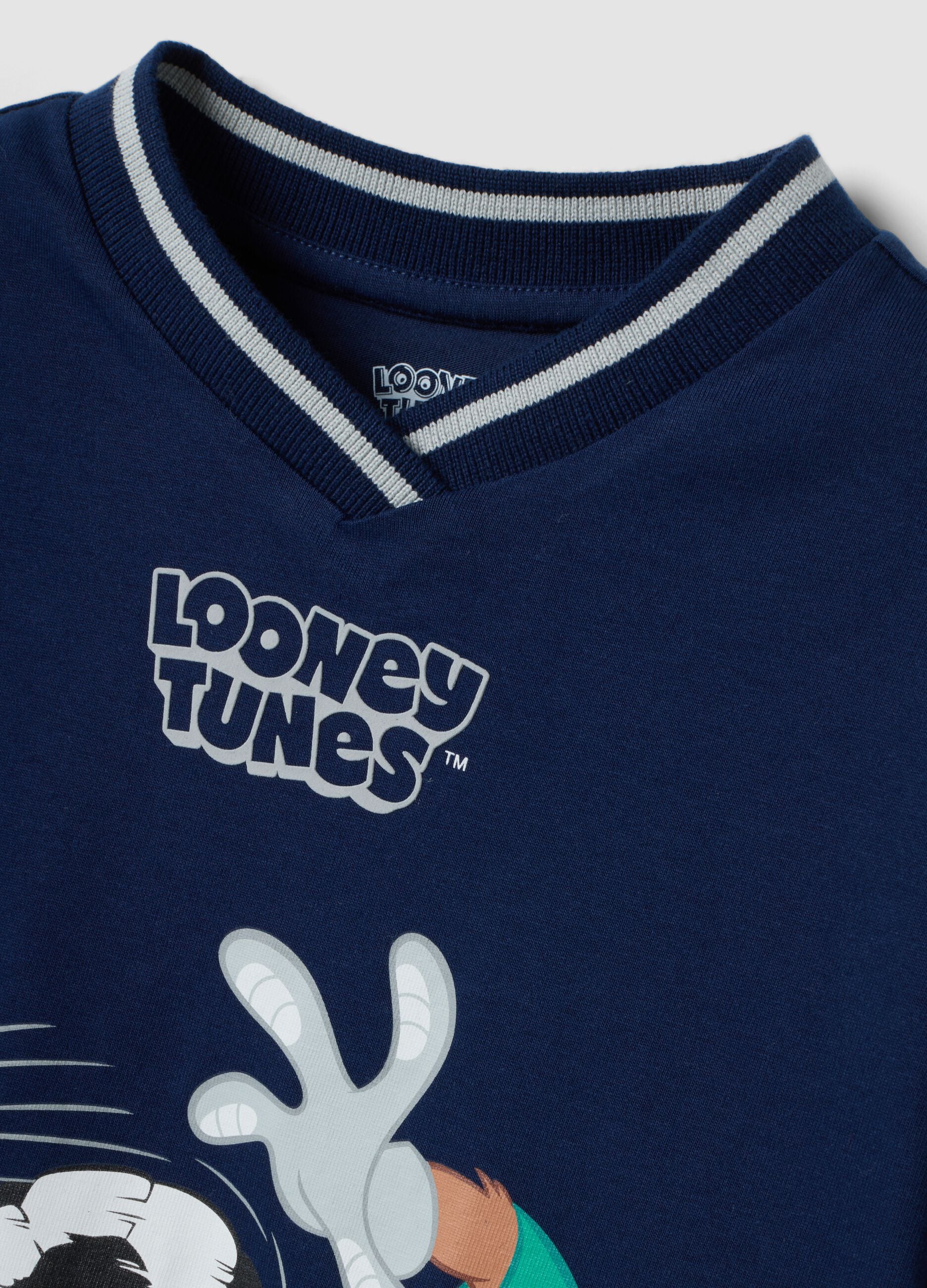 Blue long-sleeve pure cotton Looney Tunes print T-shirt for boys