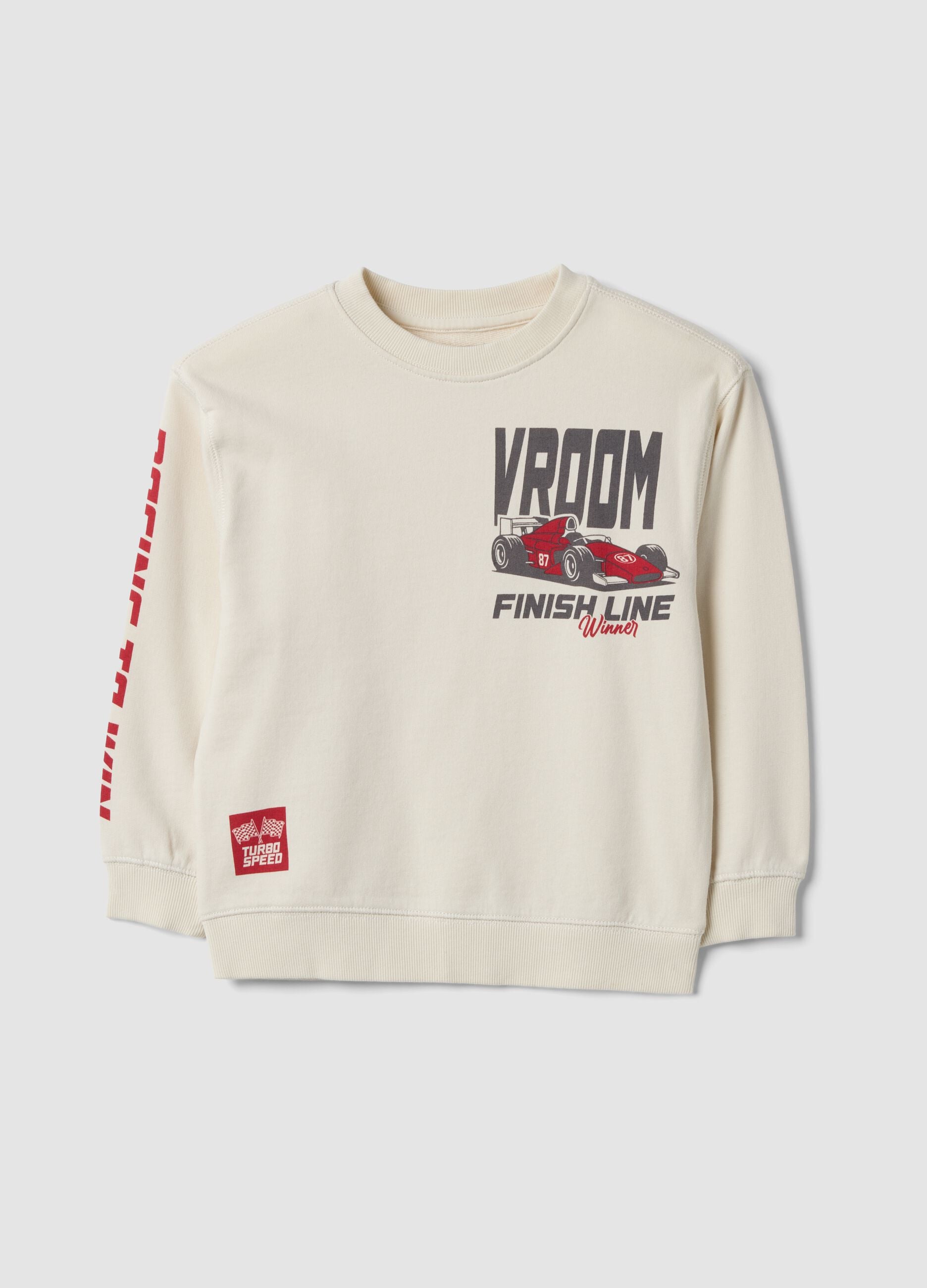 Felpa bianca in puro cotone con girocollo e stampa racing over fit