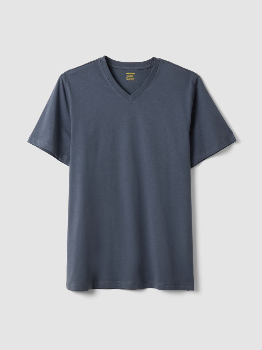 Blue pure cotton regular fit V-neck T-shirt_0