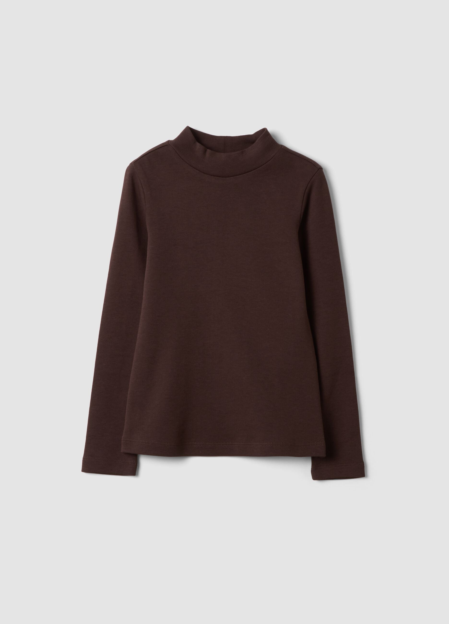 Brown long-sleeve high-neck T-shirt in pure organic cotton