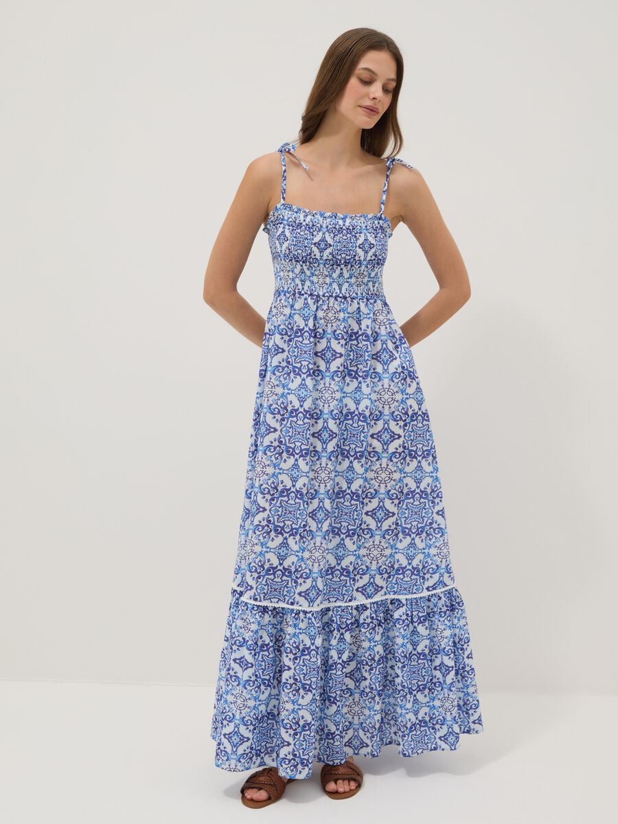 Blue maxi dress in pure cotton with tie straps_0