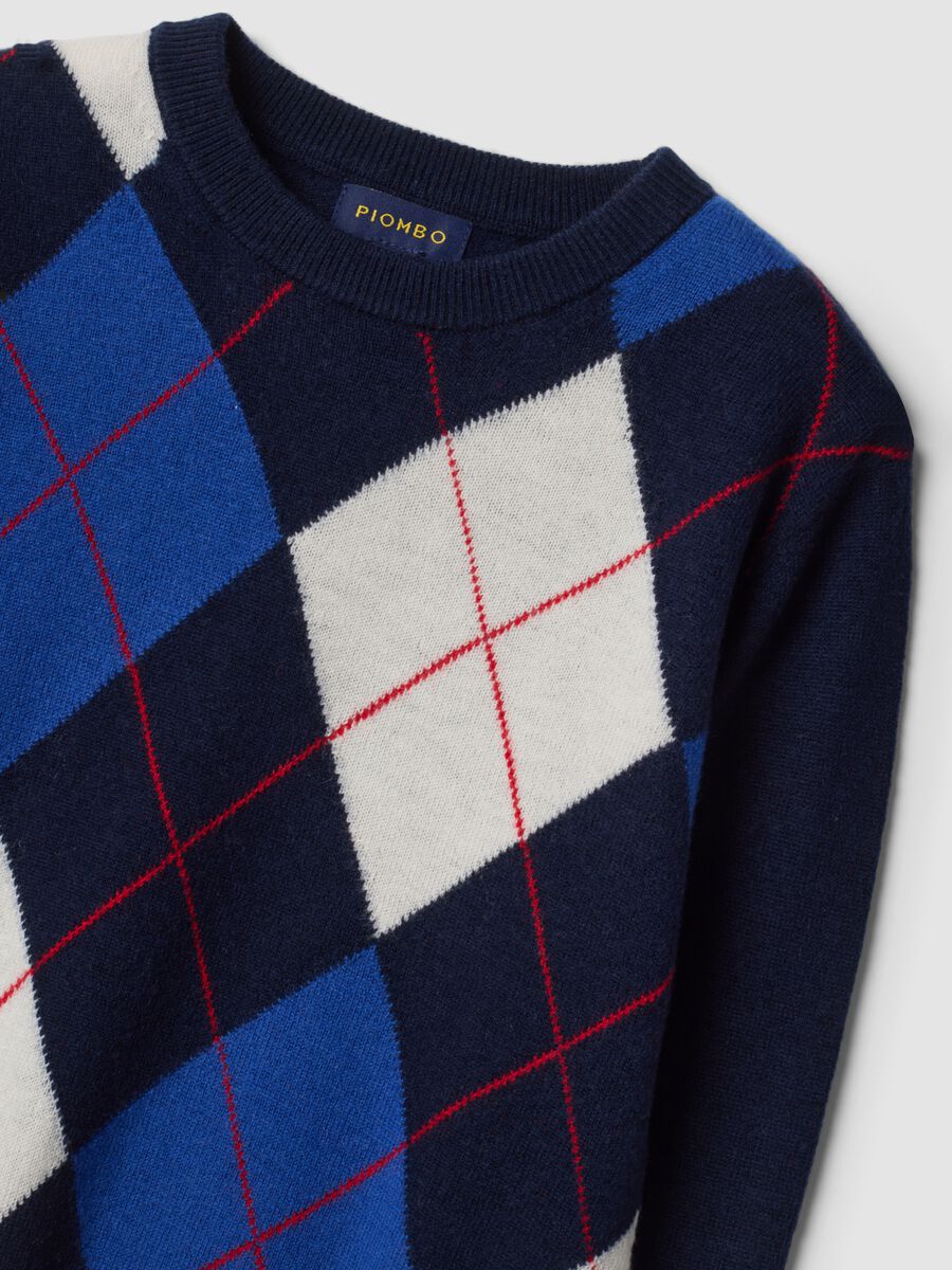 Maglione blu in pura lana con girocollo jacquard_1