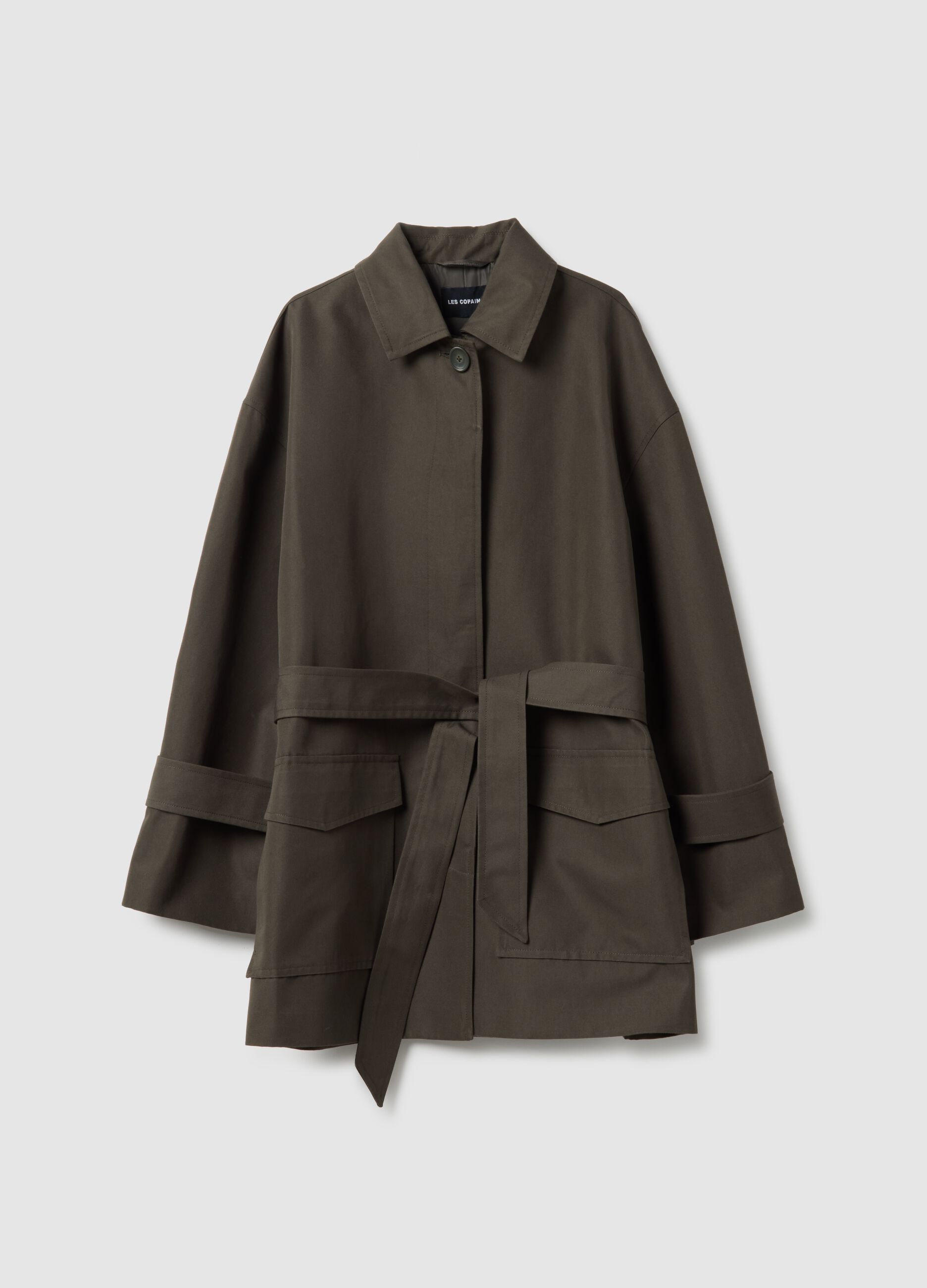 Green cotton blend trench coat with belt, regular fit