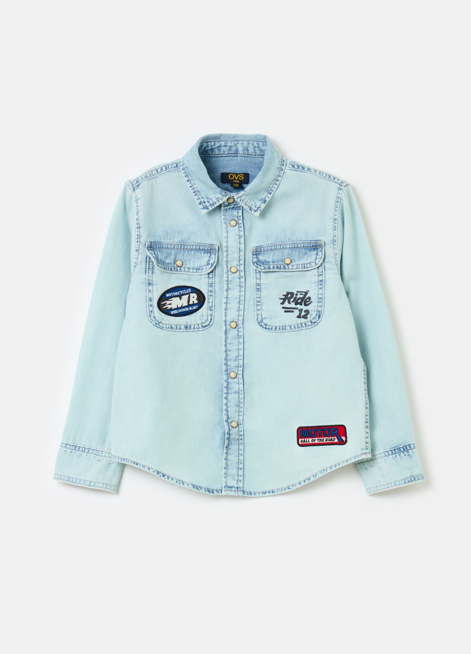 Denim shirt with patch and motorcycle embroidery