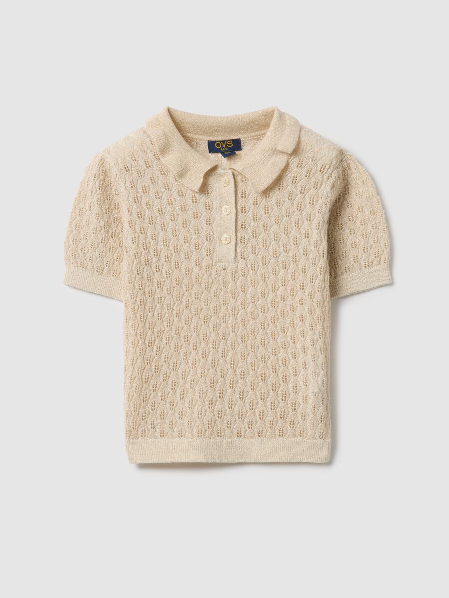 Beige cotton blend girl's polo with regular fit and eyelet detail_0
