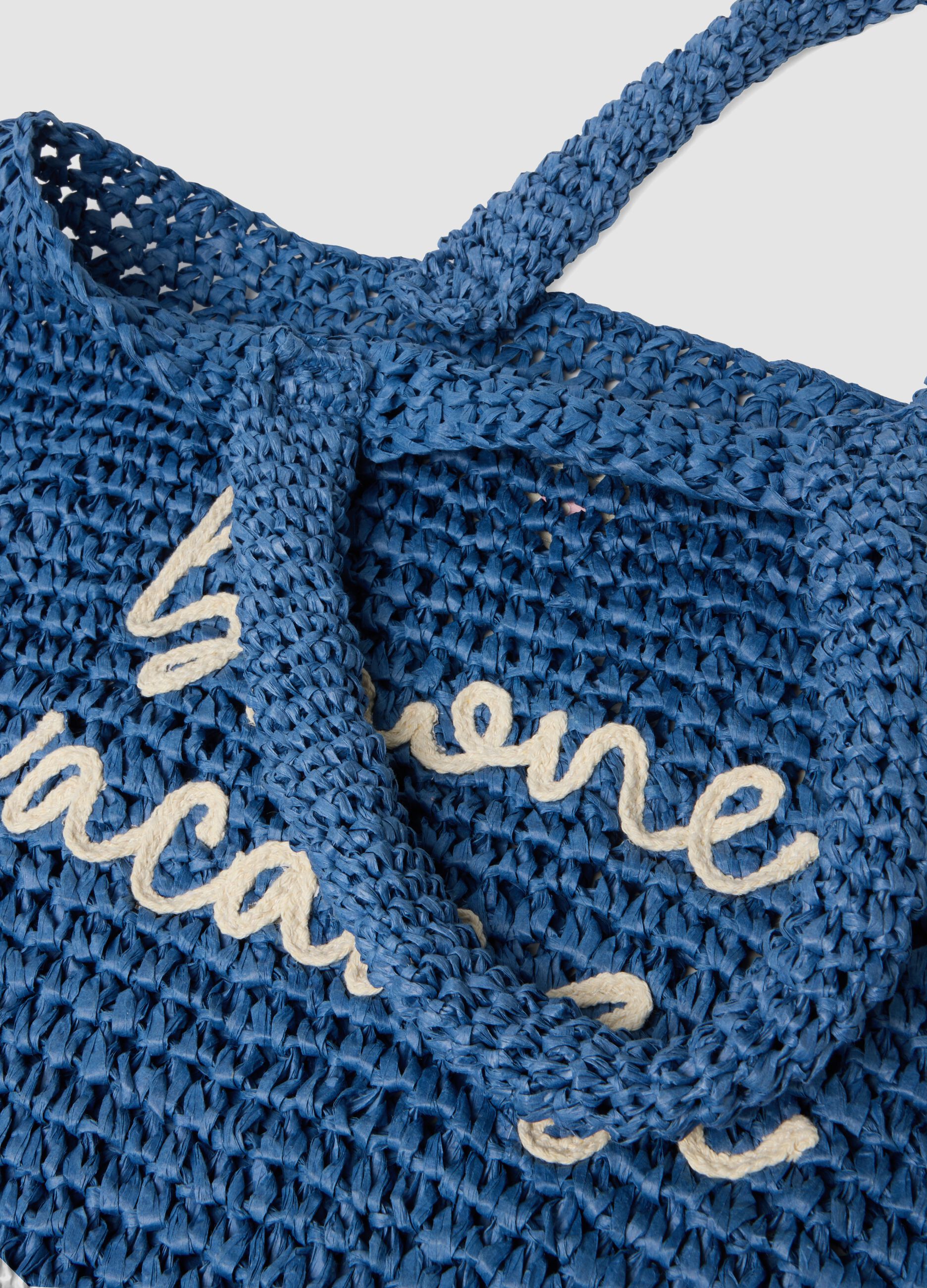 Blue beach bag in pure woven paper fabric
