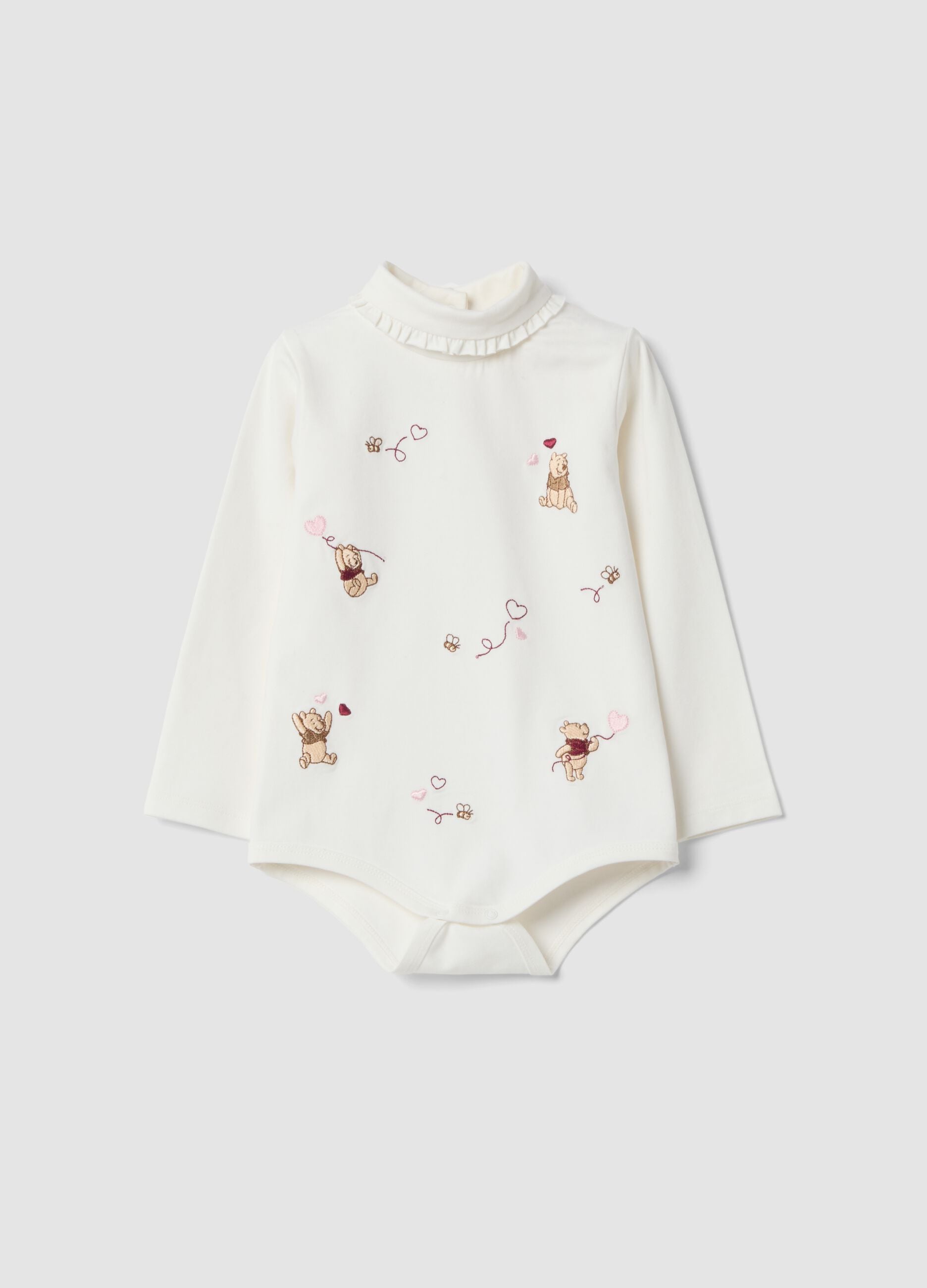 White organic stretch cotton bodysuit with Winnie the Pooh prints