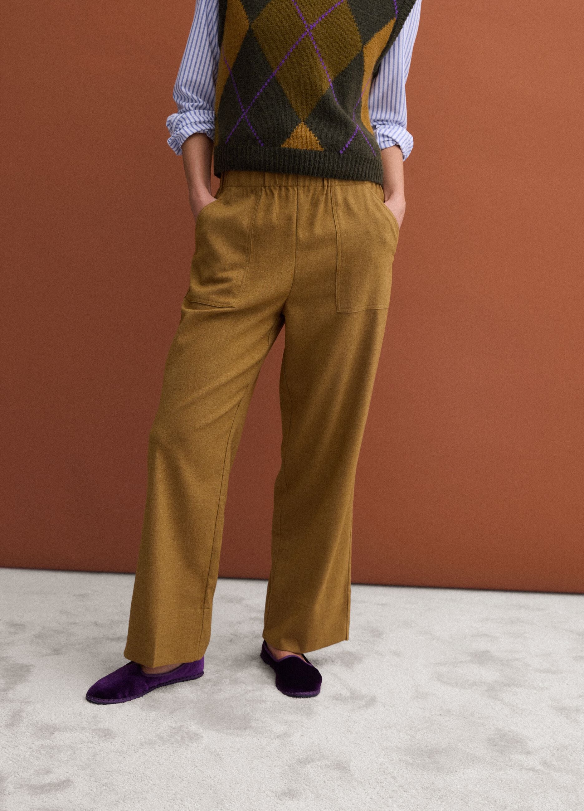 Beige stretch-viscose straight-fit trousers