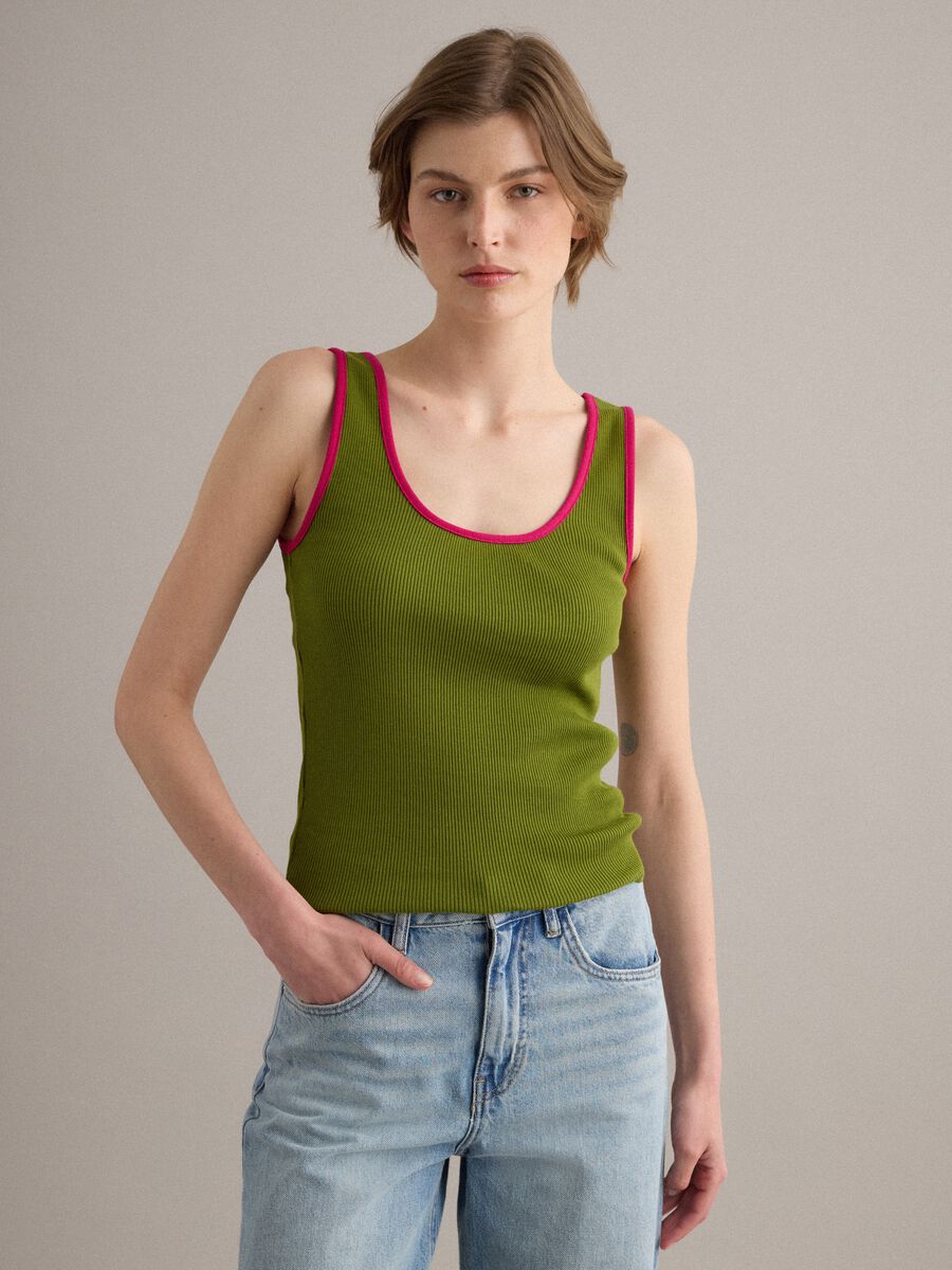 Green pure cotton ribbed tank top_1