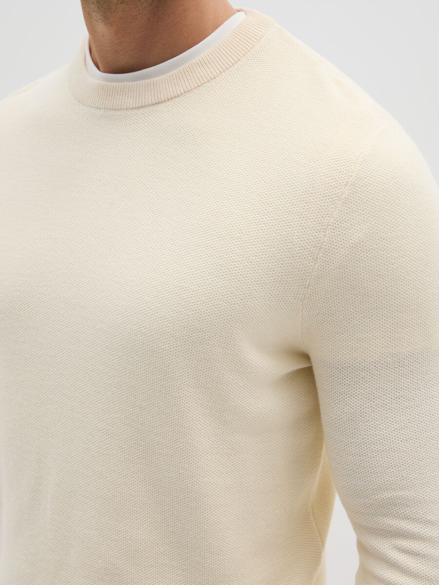 Beige cotton blend crewneck sweater in regular fit_3