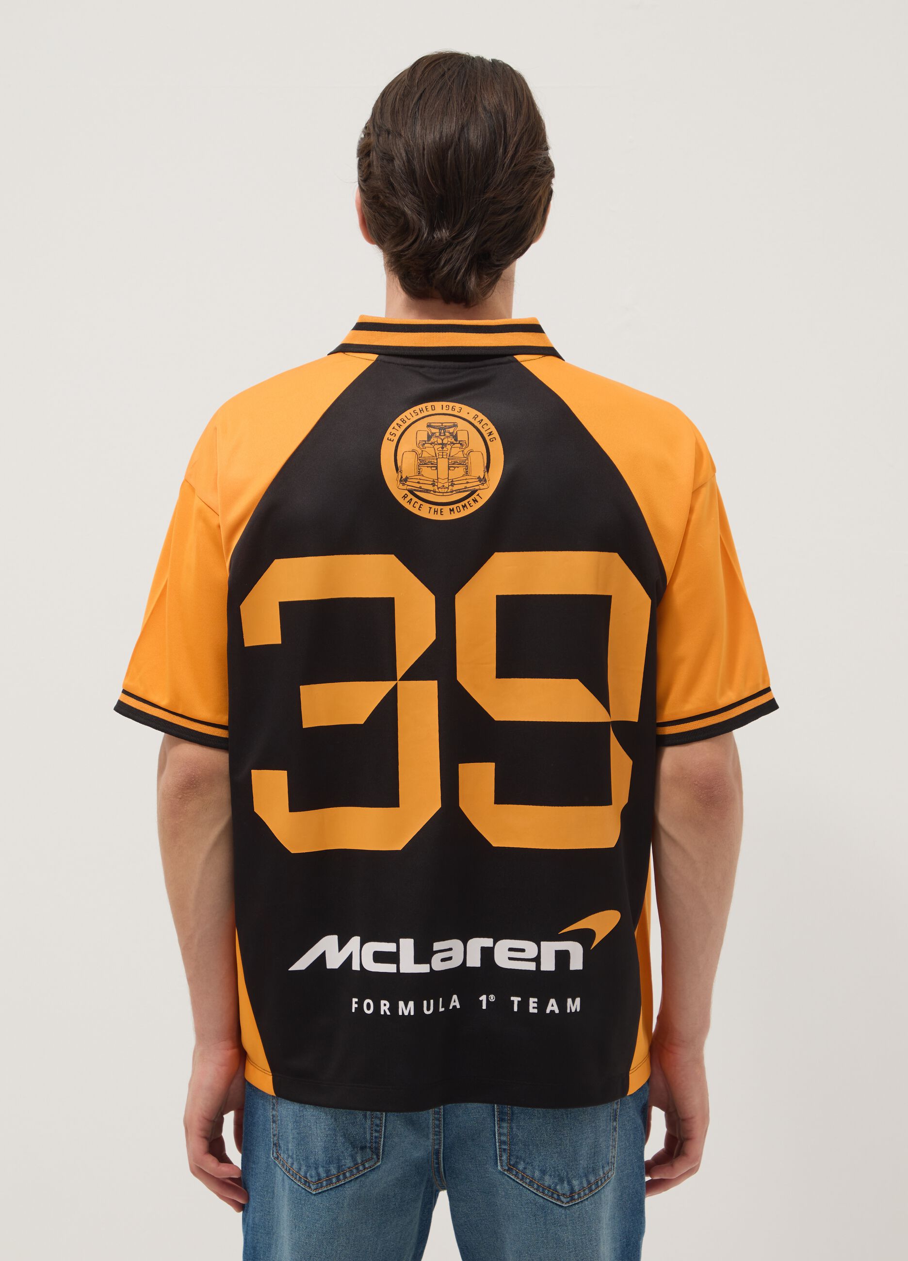 Black and orange oversized McLaren logo polo shirt