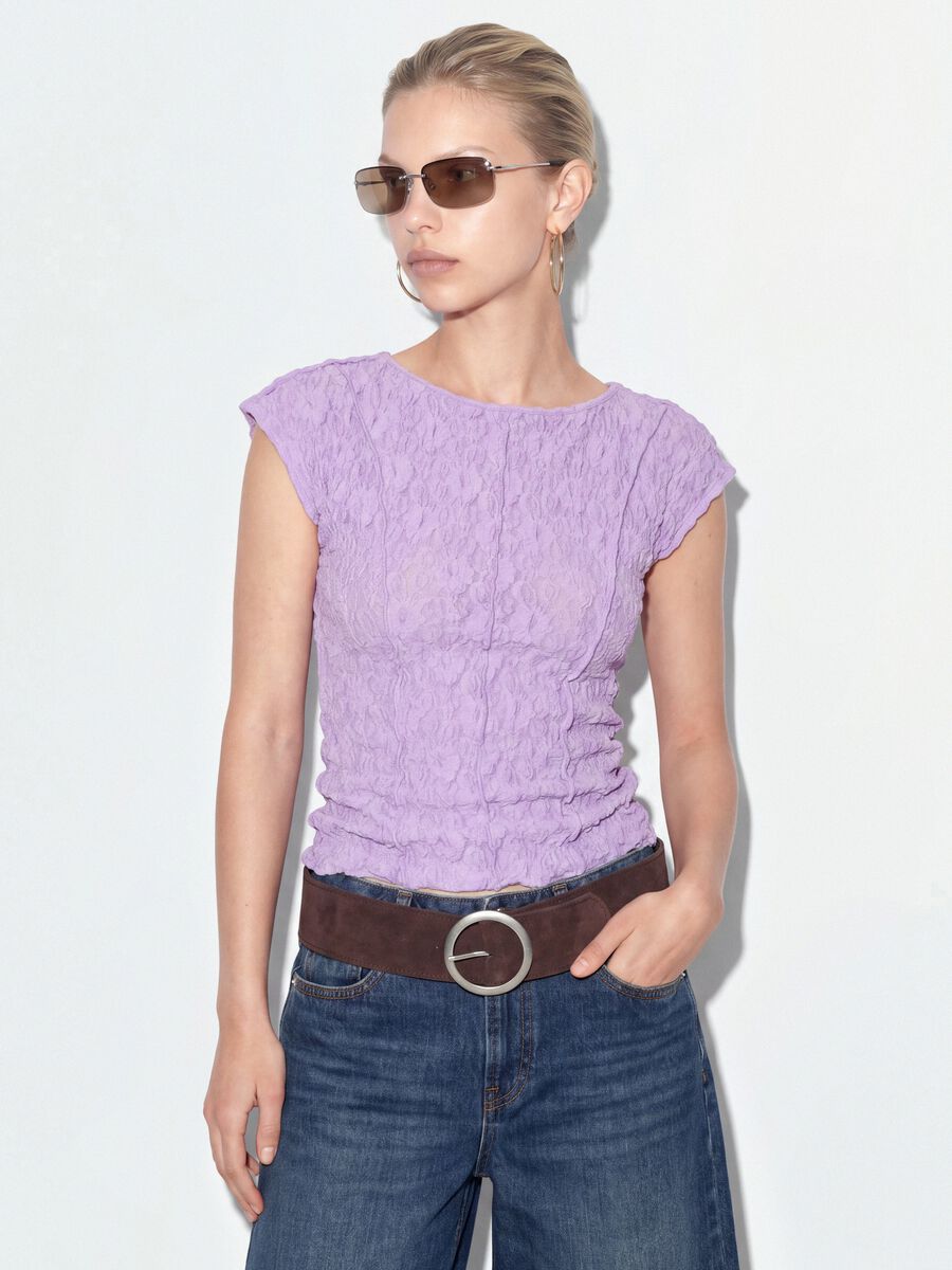 Purple stretch T-shirt with embossed floral texture_0